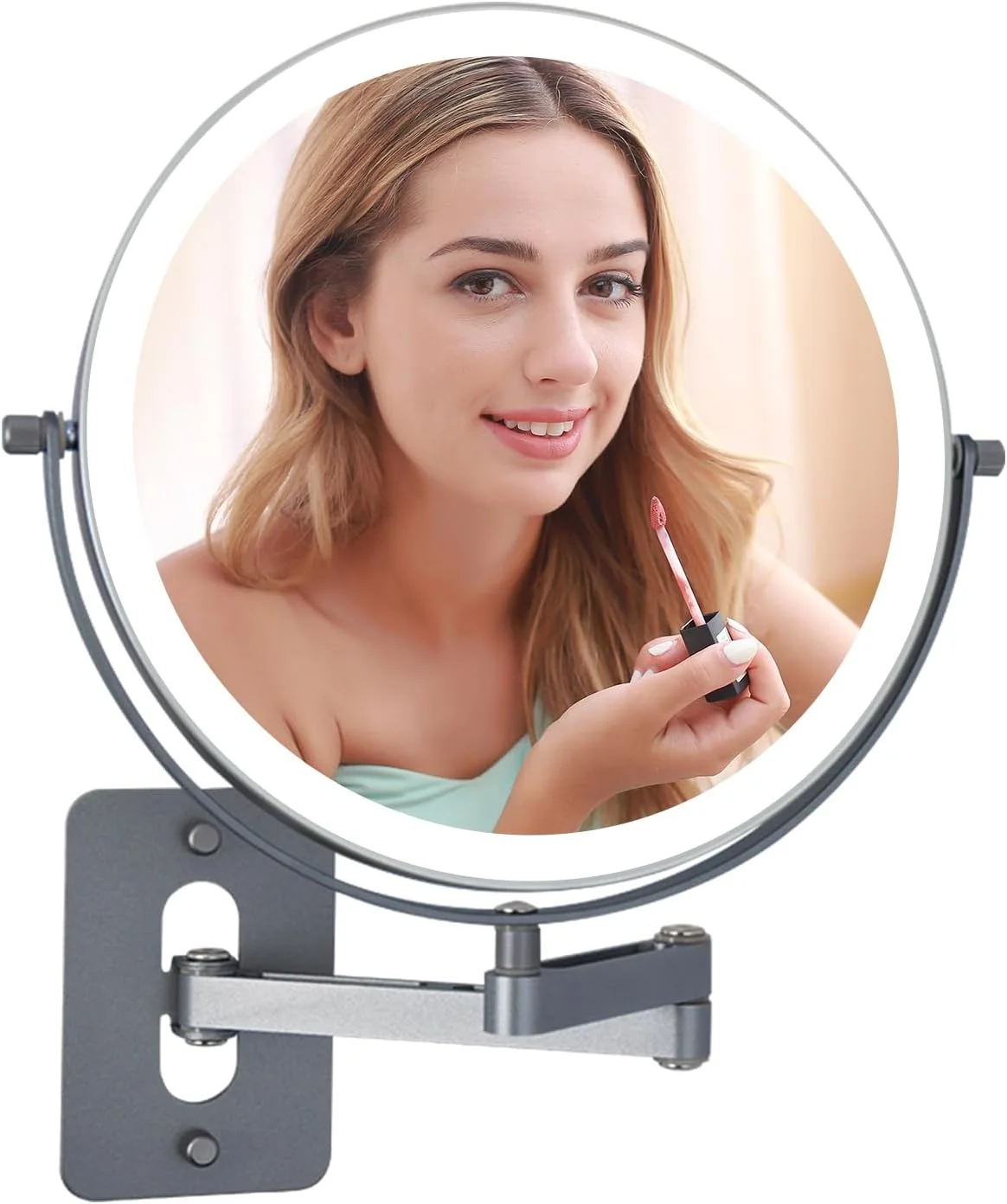 آینه آرایشی دیواری شارژی با نور پس زمینه، 9 اینچ، دو طرفه، بزرگنمایی 1X و 5X، مناسب برای حمام، دارای نورپردازی 3 رنگ، دیمر لمسی، بازوی متحرک با قابلیت چرخش 360 درجه، آینه روشن کننده