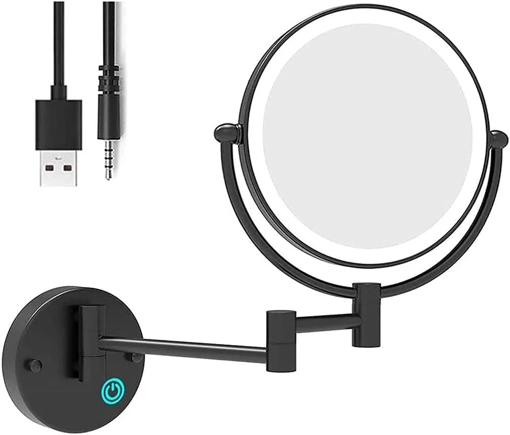 آینه آرایشی دیواری مشکی 8 اینچی، آینه آرایشی دو طرفه با قابلیت شارژ USB با بزرگنمایی 1X/10X، آینه اصلاح صفحه لمسی با نور LED قابل تنظیم، آینه آرایشی چرخشی 360 درجه