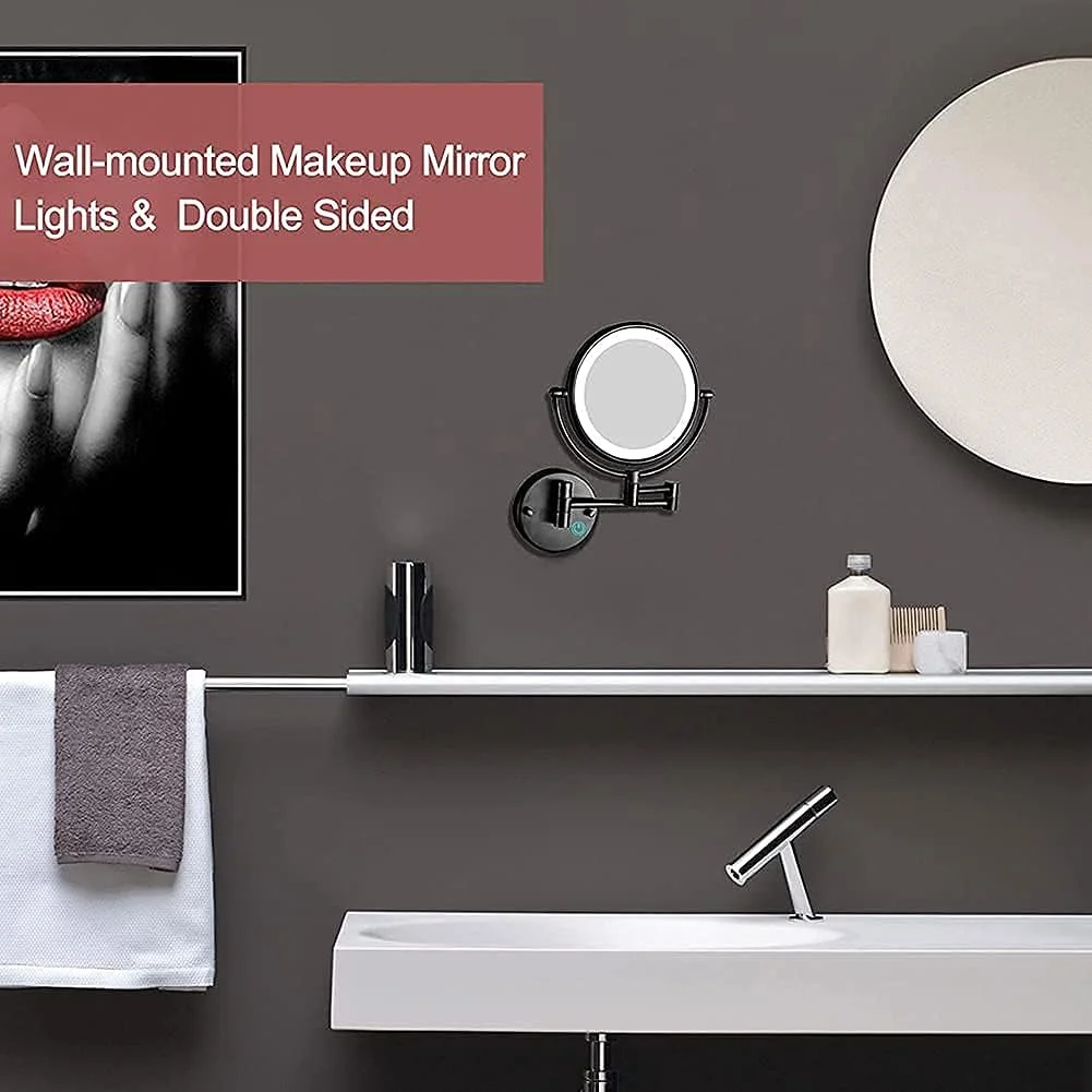 آینه آرایشی دیواری مشکی 8 اینچی، آینه آرایشی دو طرفه با قابلیت شارژ USB با بزرگنمایی 1X/10X، آینه اصلاح صفحه لمسی با نور LED قابل تنظیم، آینه آرایشی چرخشی 360 درجه