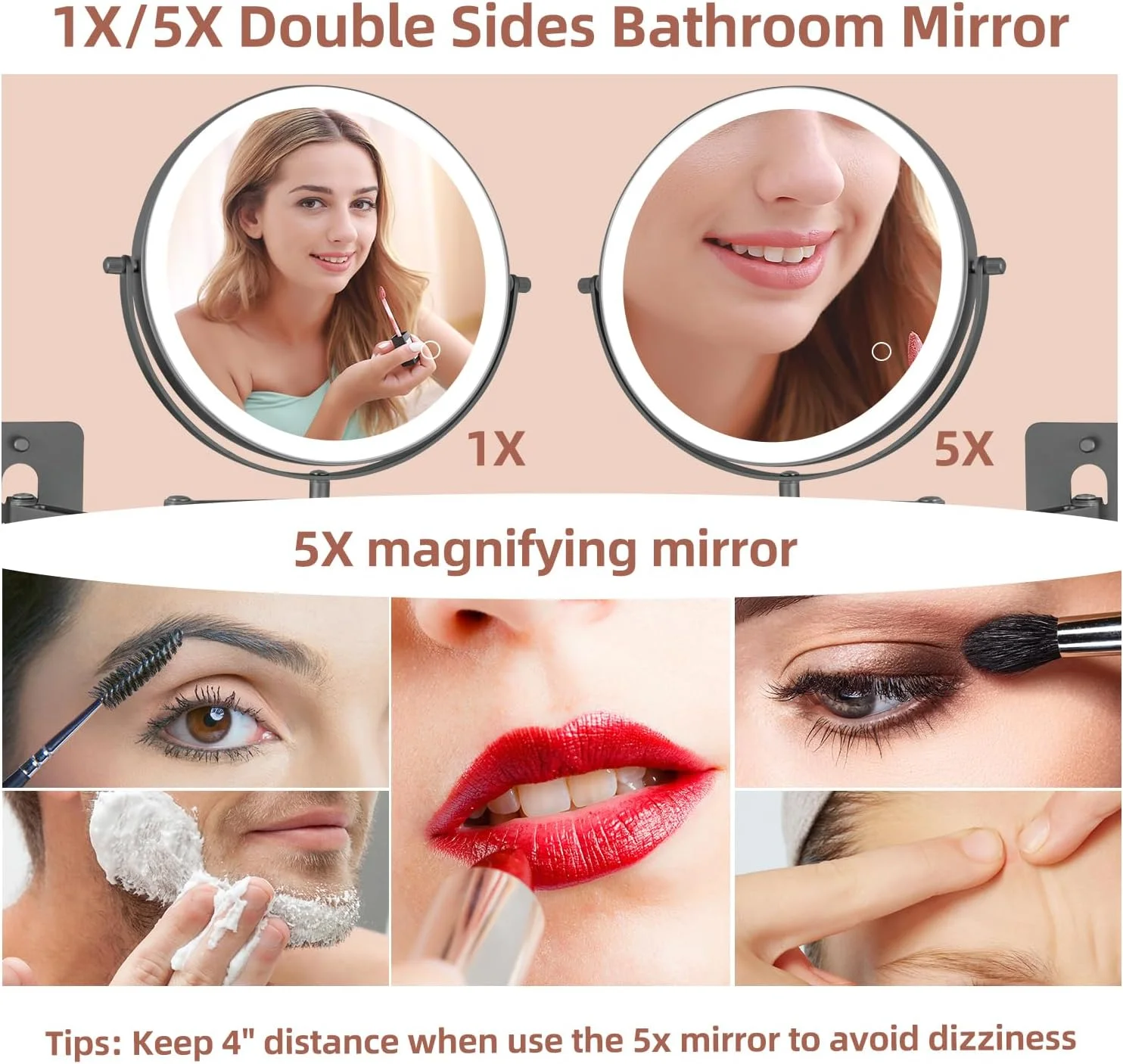 آینه آرایشی دیواری شارژی با نور پس زمینه، 9 اینچ، دو طرفه، بزرگنمایی 1X و 5X، مناسب برای حمام، دارای نورپردازی 3 رنگ، دیمر لمسی، بازوی متحرک با قابلیت چرخش 360 درجه، آینه روشن کننده