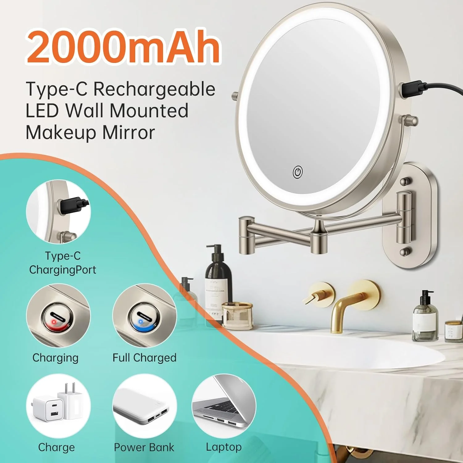 آینه آرایشی چراغ دار دیواری شارژی، دو طرفه، بزرگنمایی 1X و 10X، آینه حمام 8 اینچی، نورپردازی 3 رنگ، دیمر صفحه لمسی، بازوی کشویی با قابلیت چرخش 360 درجه، آینه اصلاح چراغ دار