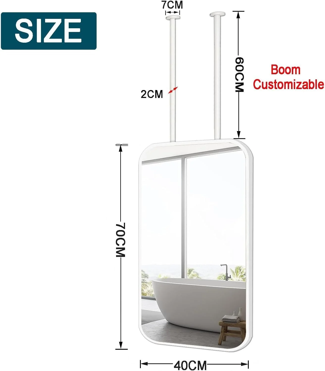 آینه آرایشی بوم با قاب فلزی نوردیک، آینه مستطیلی حمام، آینه آویز سقفی برای دیوار، شناور سفید با میله های دوتایی (40cmx70cm)