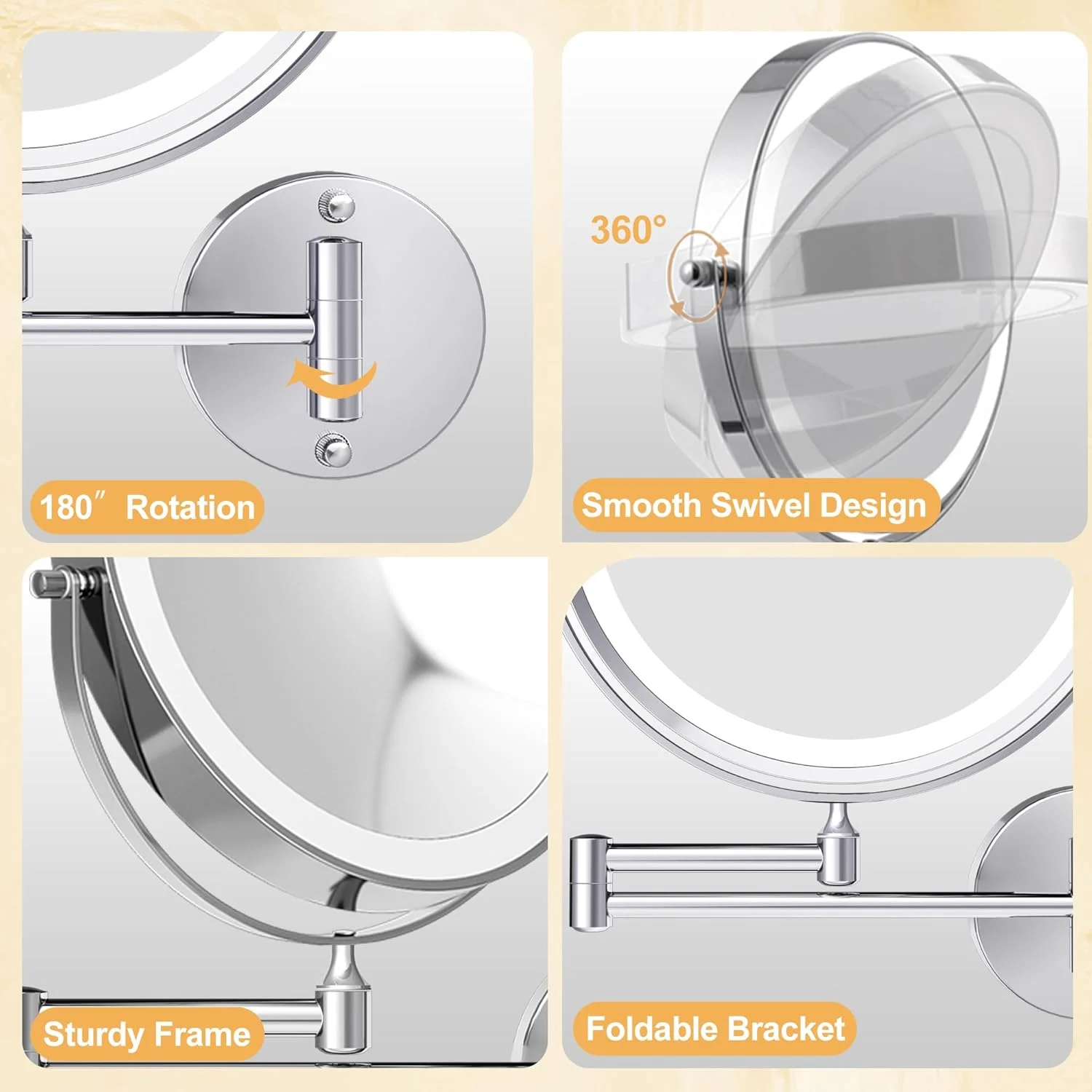 آینه آرایشی بزرگ 9 اینچی با نور پس زمینه قابل شارژ، آینه بزرگنمایی 1X/10X با نور برای حمام، شارژ USB 3000mAh، آینه دیواری کروم با بازوی چرخشی و 3 نور برای آرایش آینه آرایشی بزرگ 9 اینچی با نور پس زمینه قابل شارژ، آینه بزرگنمایی 1X/10X با نور برای حمام، شارژ USB 3000mAh، آینه دیواری کروم با بازوی چرخشی و 3 نور برای آرایش