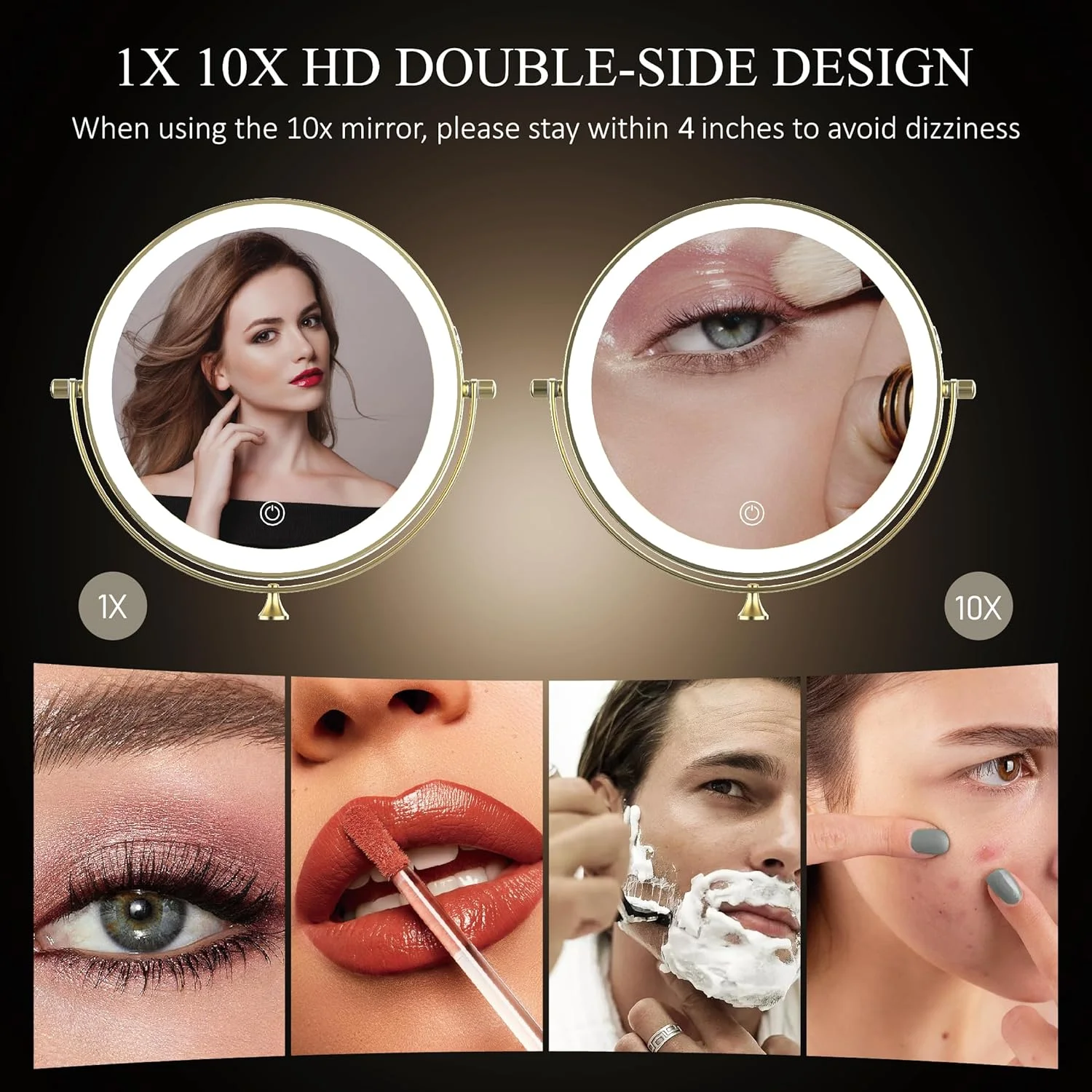 آینه آرایشی دیواری شارژی با نور، 9 اینچ، دو طرفه، بزرگنمایی 1X 10X، آینه حمام، 3 رنگ نور، دیمر صفحه لمسی، چرخش 360 درجه، آینه اصلاح طلایی