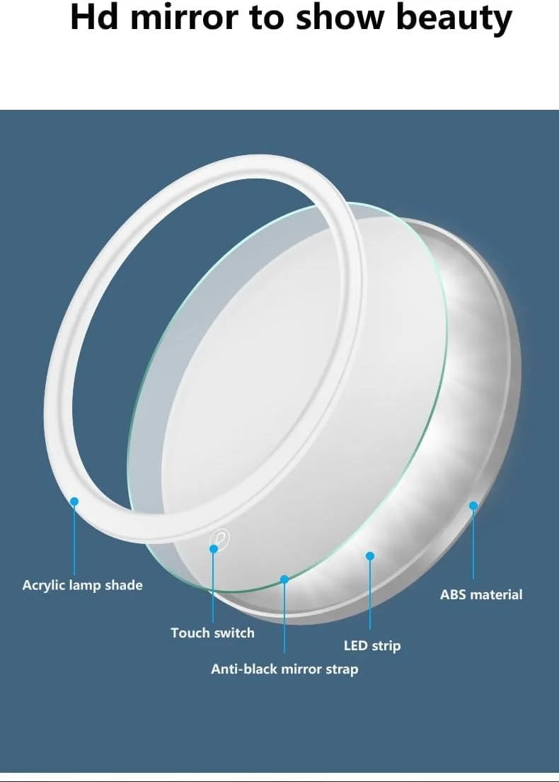آینه آرایشی چراغ دار، آینه بزرگنمایی دو طرفه 8 اینچی قابل شارژ با 3 رنگ نور، چرخش 360 درجه، کنترل لمسی، آینه روشویی با قابلیت تنظیم روشنایی