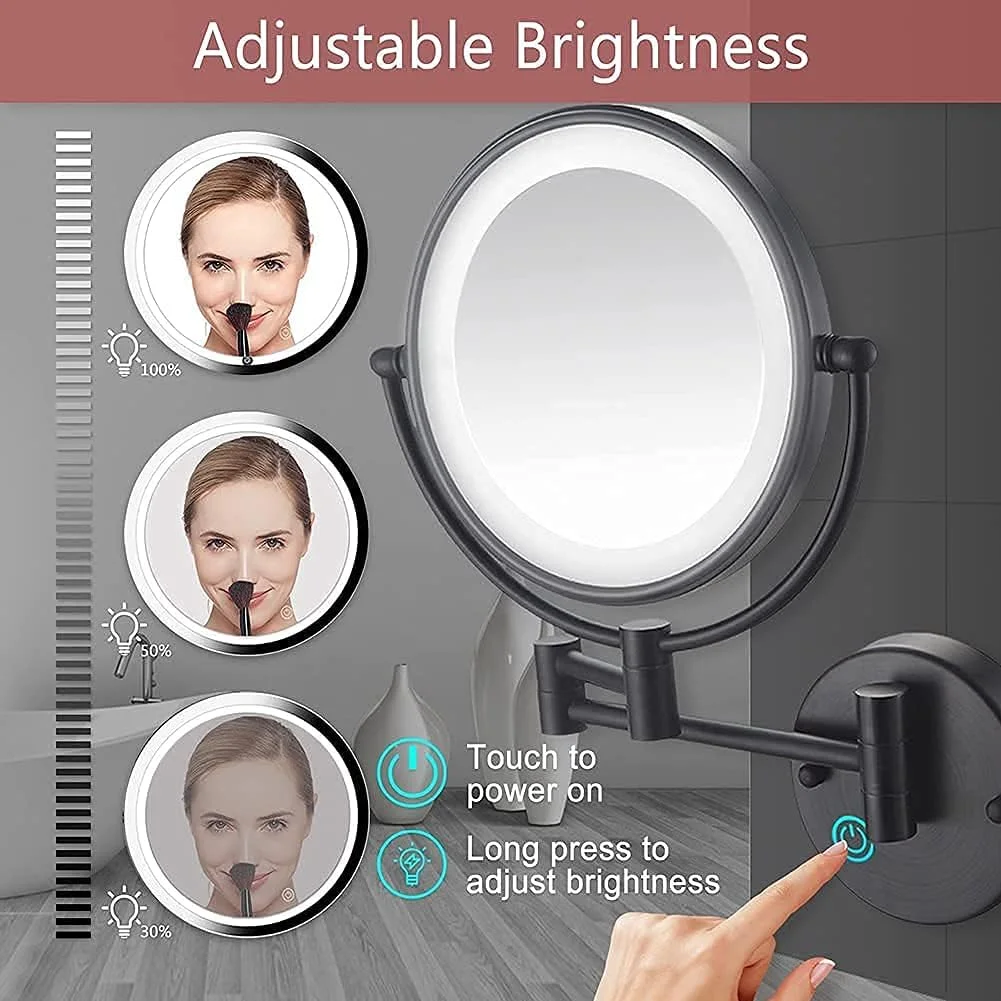 آینه آرایشی دیواری مشکی 8 اینچی، آینه آرایشی دو طرفه با قابلیت شارژ USB با بزرگنمایی 1X/10X، آینه اصلاح صفحه لمسی با نور LED قابل تنظیم، آینه آرایشی چرخشی 360 درجه