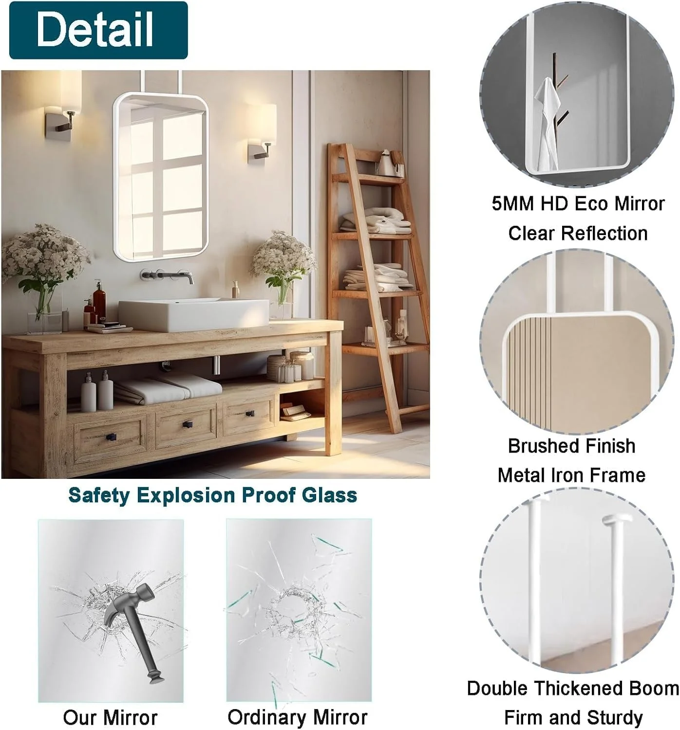 آینه آرایشی بوم با قاب فلزی نوردیک، آینه مستطیلی حمام، آینه آویز سقفی برای دیوار، شناور سفید با میله های دوتایی (40cmx70cm)