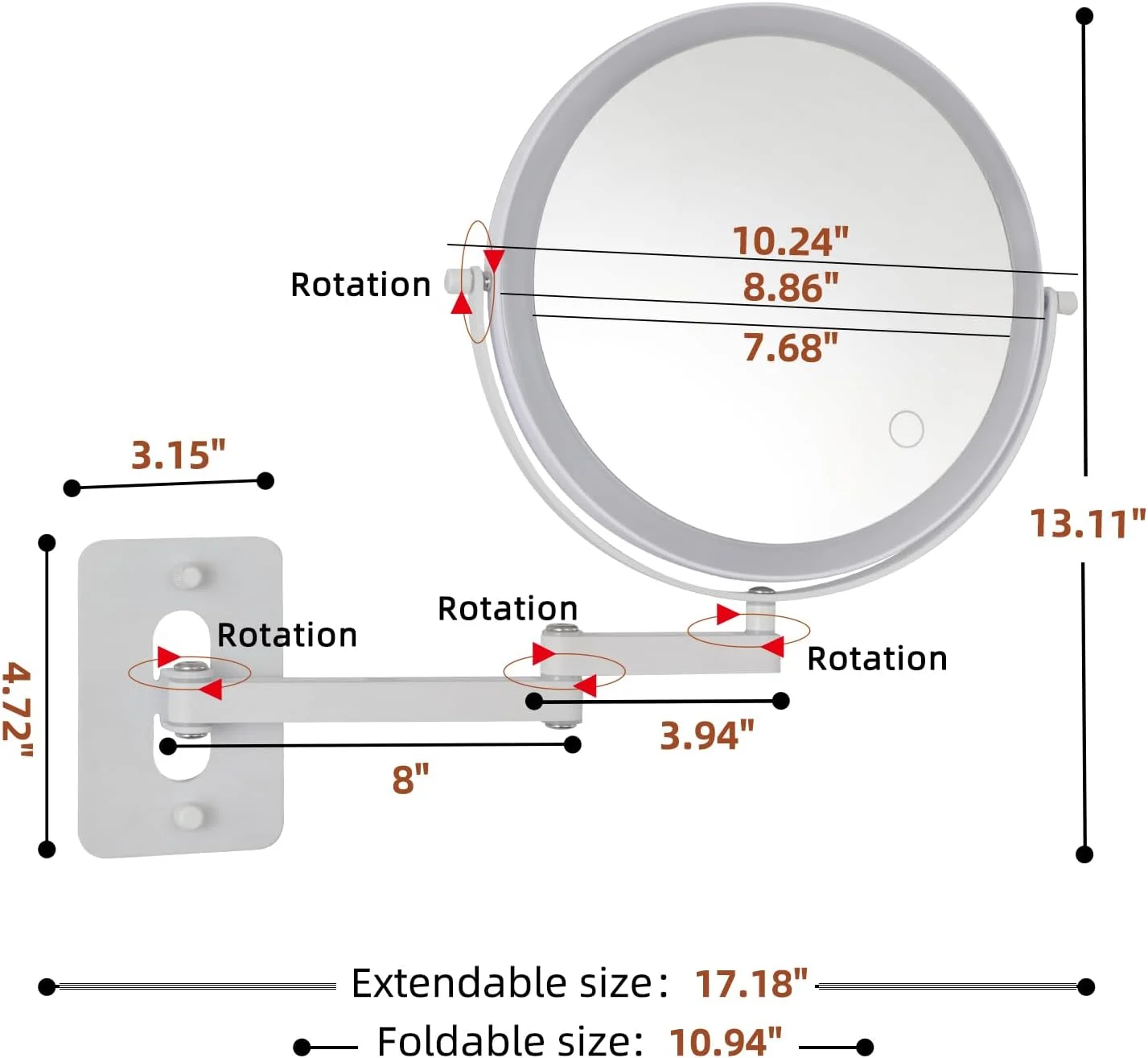آینه آرایشی دیواری شارژی با نور پس زمینه، 9 اینچ، دو طرفه، بزرگنمایی 1X و 5X، مناسب برای حمام، دارای نورپردازی 3 رنگ، دیمر لمسی، بازوی متحرک با قابلیت چرخش 360 درجه، آینه روشن کننده
