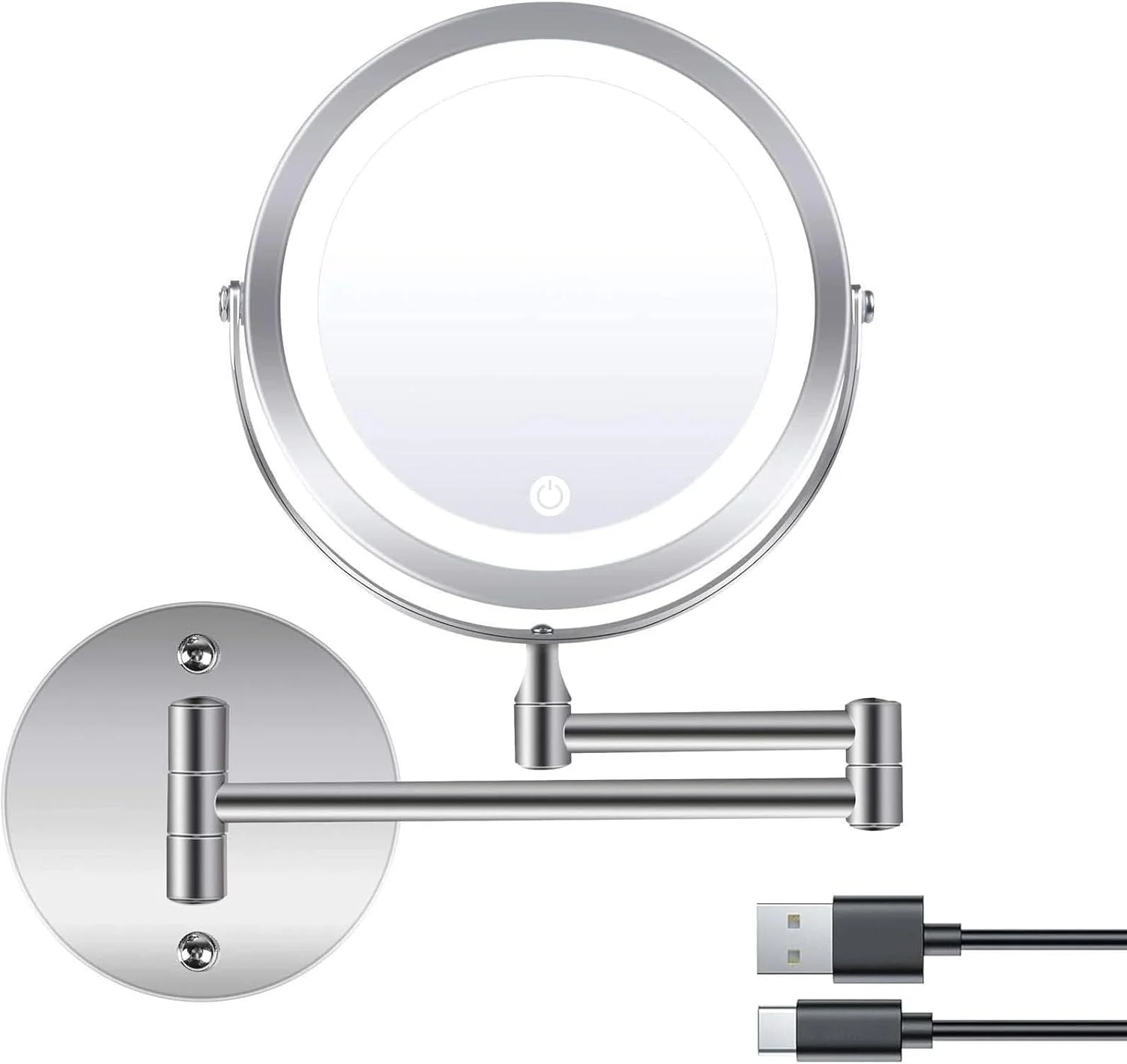 آینه آرایشی دیواری با نور، آینه حمام 8 اینچی قابل شارژ، چرخش 360 درجه، دو طرفه با بزرگنمایی 1X/10X، آینه روشنایی LED با 3 رنگ نور/دیمر صفحه لمسی آینه آرایشی دیواری با نور، آینه حمام 8 اینچی قابل شارژ، چرخش 360 درجه، دو طرفه با بزرگنمایی 1X/10X، آینه روشنایی LED با 3 رنگ نور/دیمر صفحه لمسی