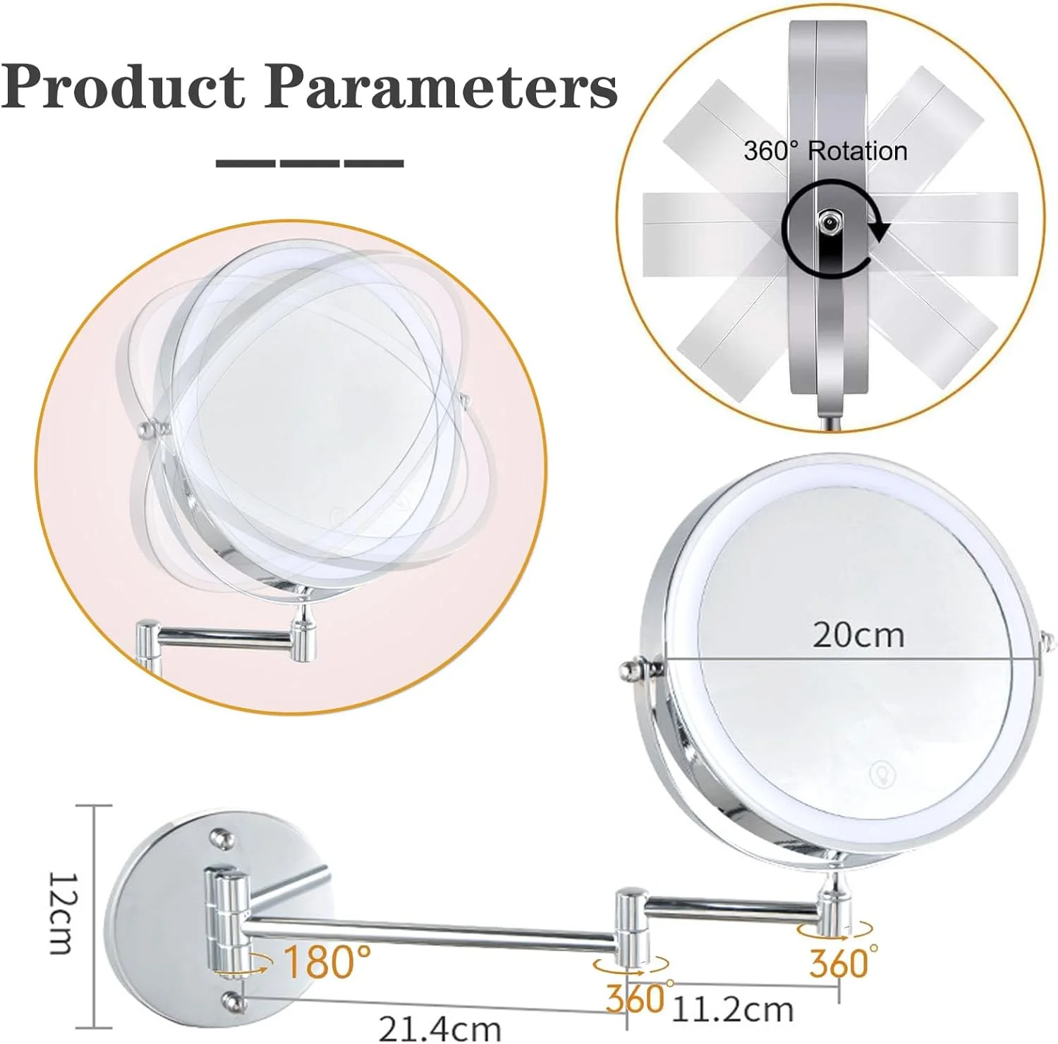 آینه آرایشی دیواری با نور، آینه حمام 8 اینچی قابل شارژ، چرخش 360 درجه، دو طرفه با بزرگنمایی 1X/10X، آینه روشنایی LED با 3 رنگ نور/دیمر صفحه لمسی
