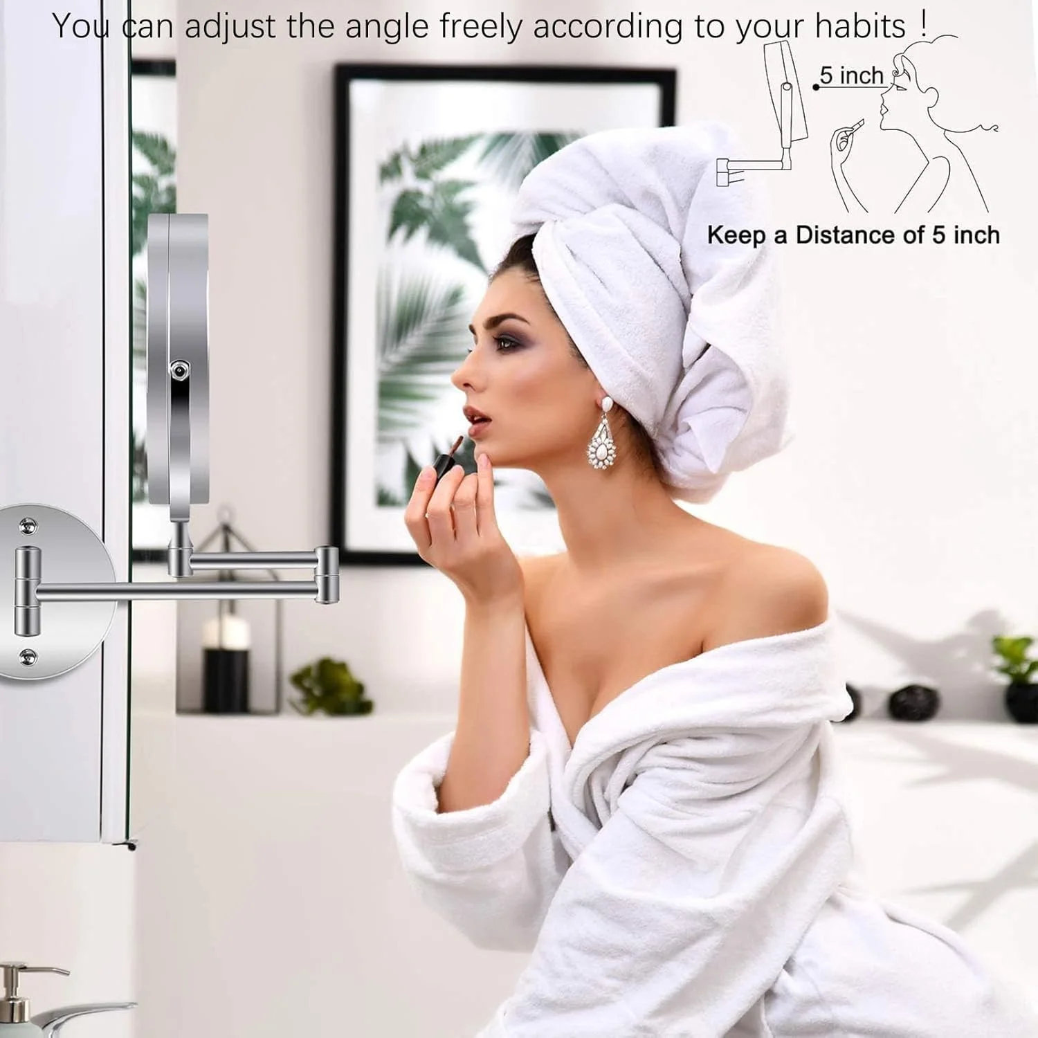 آینه آرایشی دیواری با نور، آینه حمام 8 اینچی قابل شارژ، چرخش 360 درجه، دو طرفه با بزرگنمایی 1X/10X، آینه روشنایی LED با 3 رنگ نور/دیمر صفحه لمسی