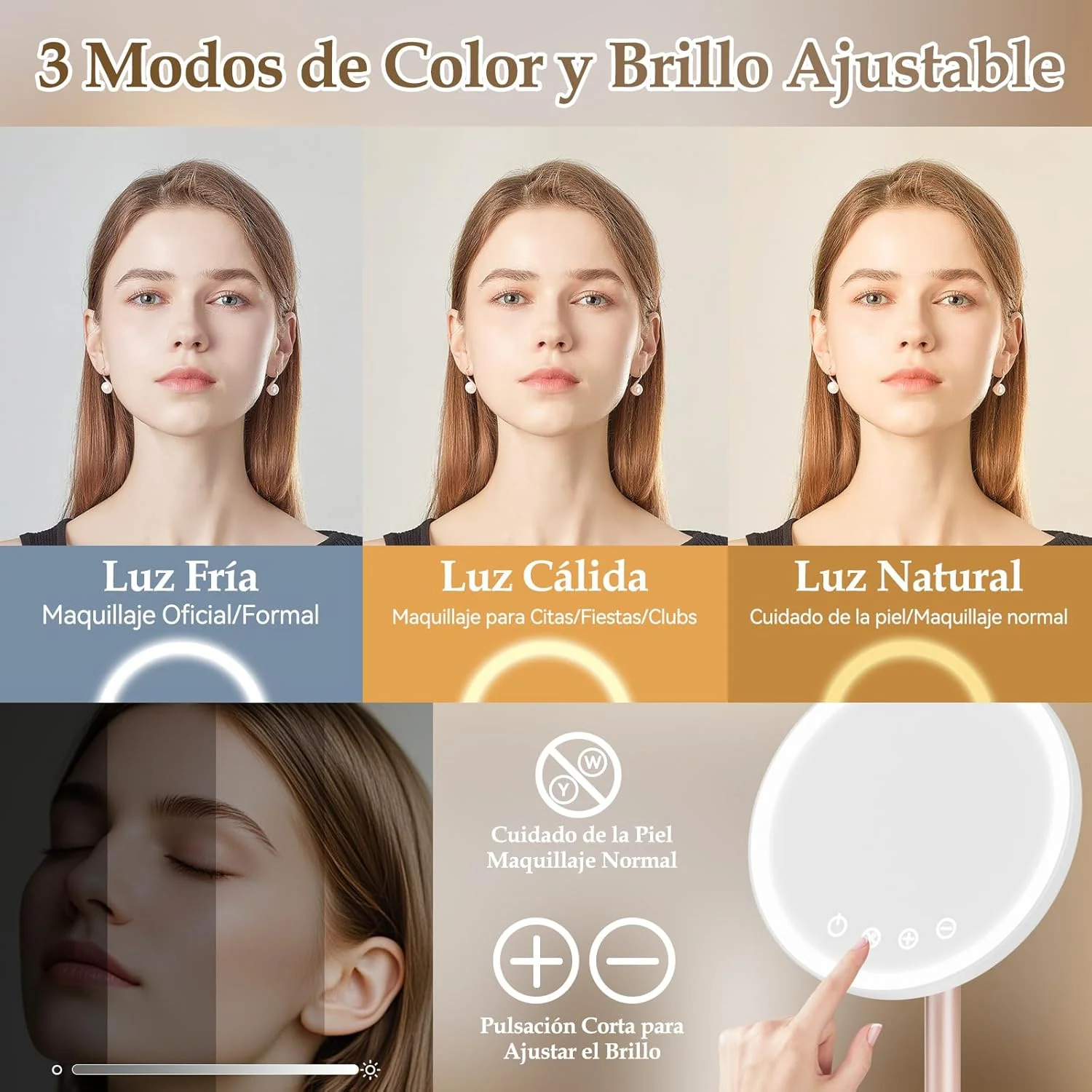 آینه آرایشی LED با نور، آینه رومیزی قابل تنظیم 8 اینچی شارژی با 3 حالت نورپردازی رنگی، دیمر صفحه لمسی، آینه چرخش 360 درجه، پایه جداشدنی، هدیه زنانه