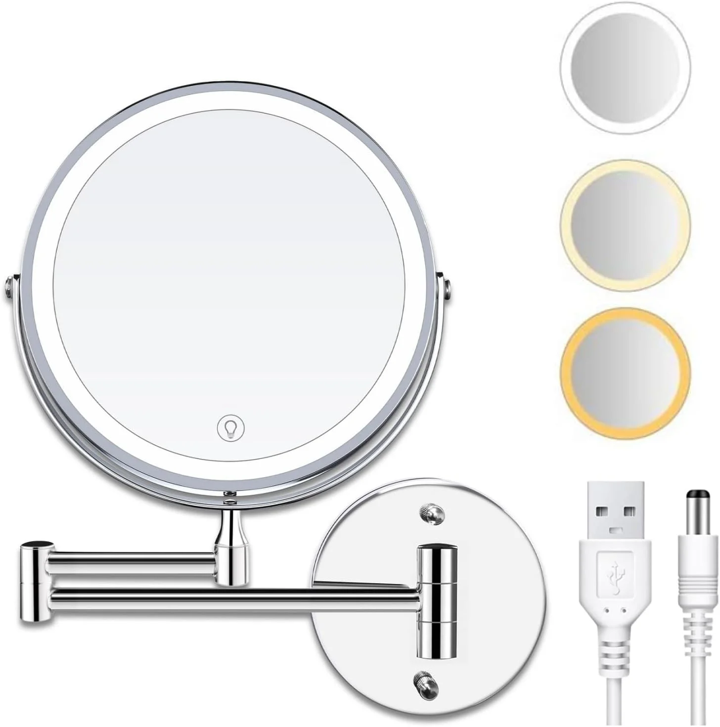 آینه آرایشی چراغ دار دیواری شارژی کروم، آینه دو طرفه LED با بزرگنمایی 1X/10X، 8 اینچ/20 سانتی متر، دارای 3 رنگ نور، صفحه لمسی دیمر دار، قابلیت چرخش 360 درجه
