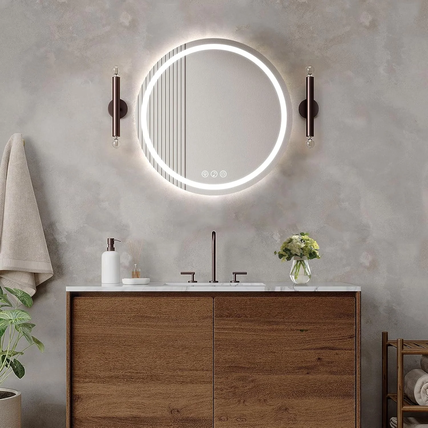 آینه حمام بلوتوثی Ratsamee با نورپردازی، آینه گرد 50 سانتی متری با نور، آینه دیواری با نورپردازی جلو، عملکرد ضد مه، دیمر دار، با 3 رنگ نور قابل تنظیم آینه حمام بلوتوثی Ratsamee با نورپردازی، آینه گرد 50 سانتی متری با نور، آینه دیواری با نورپردازی جلو، عملکرد ضد مه، دیمر دار، با 3 رنگ نور قابل تنظیم