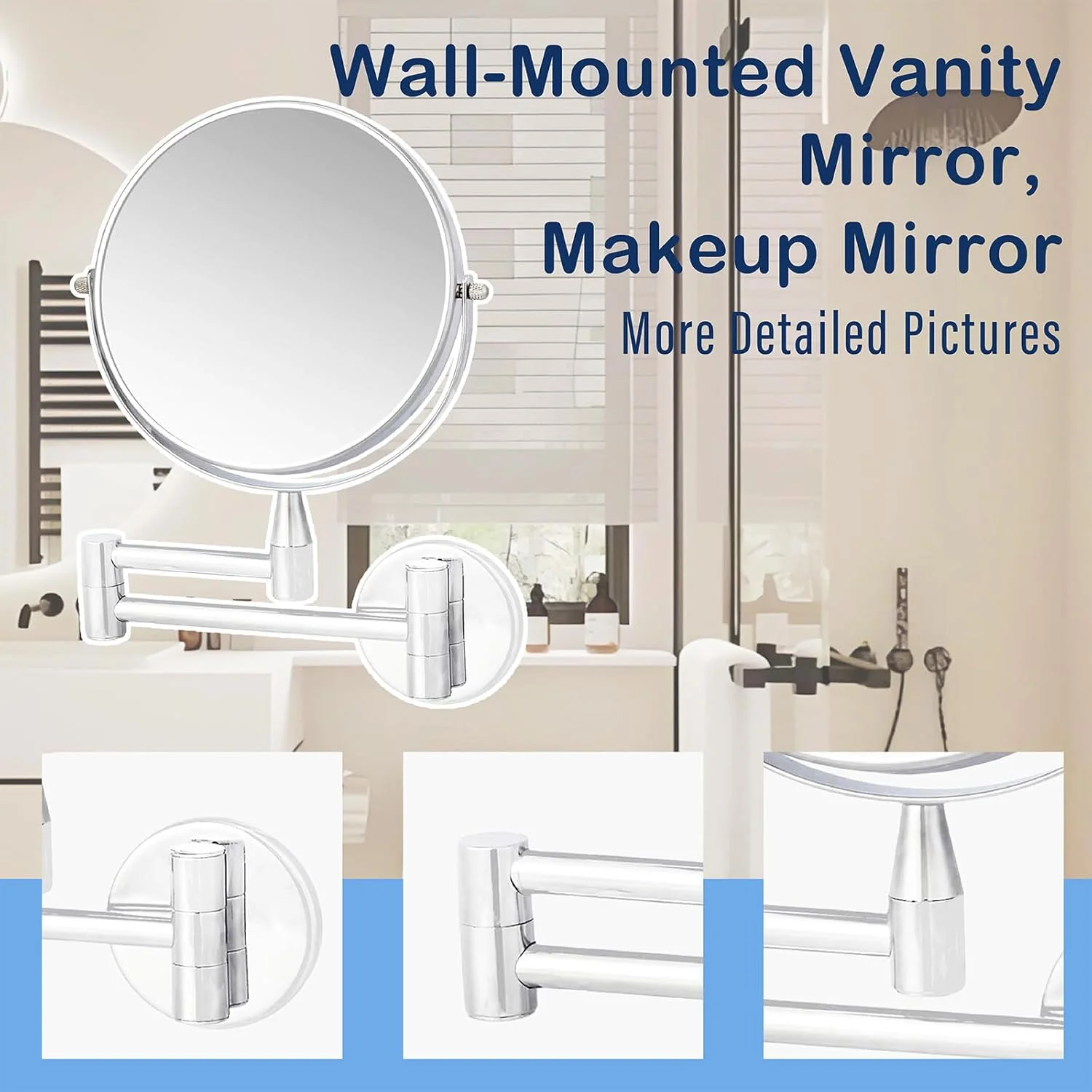 آینه آرایشی دیواری REAXOAL، آینه دو طرفه چرخان تاشو با بازوی متحرک برای حمام (کروم)