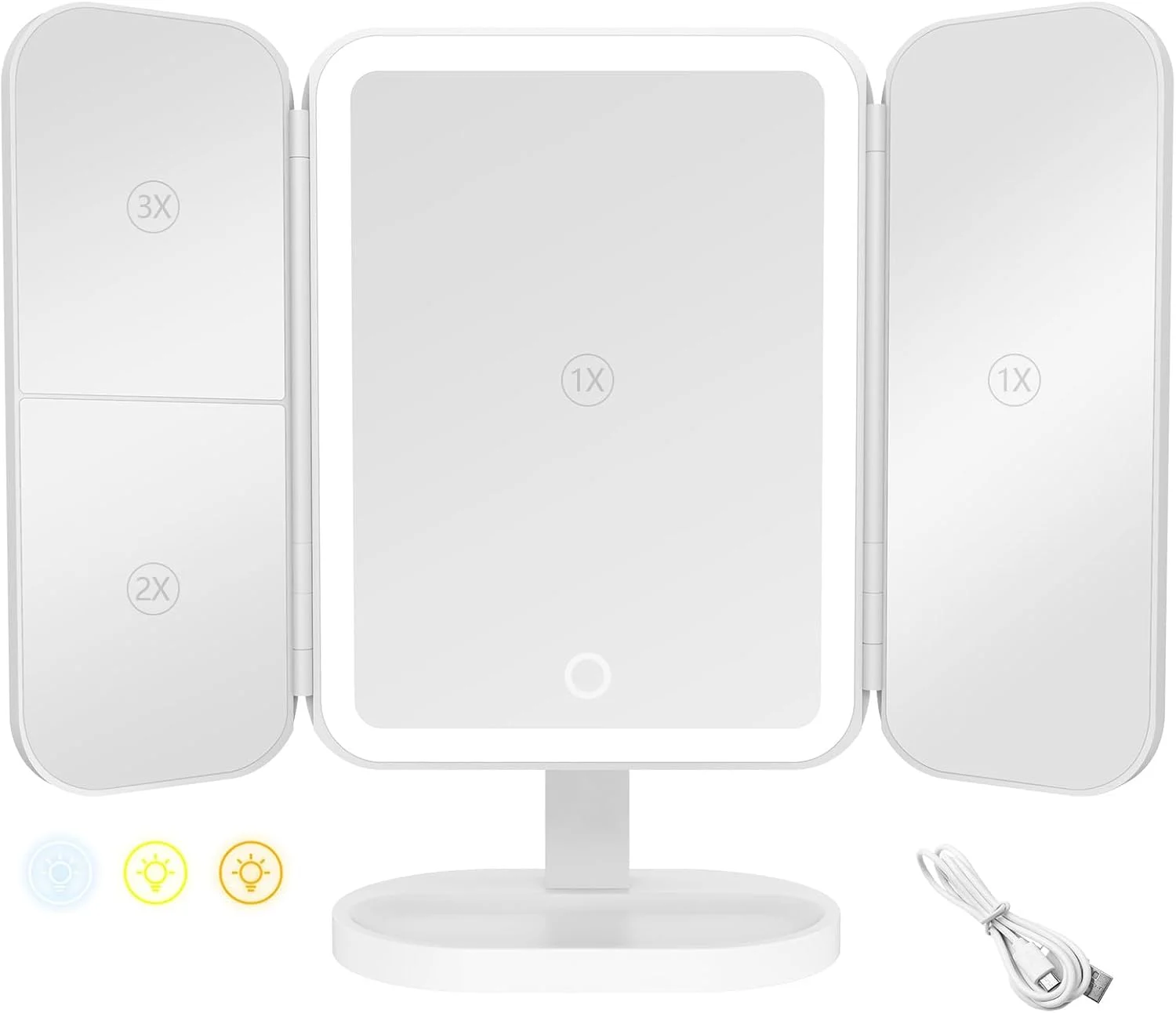 آینه آرایشی چراغ دار ABUDA، بزرگنمایی 1X/2X/3X، 3 رنگ نور، حسگر لمسی، آینه سه تایی، قابل شارژ، رومیزی آینه آرایشی چراغ دار ABUDA، بزرگنمایی 1X/2X/3X، 3 رنگ نور، حسگر لمسی، آینه سه تایی، قابل شارژ، رومیزی