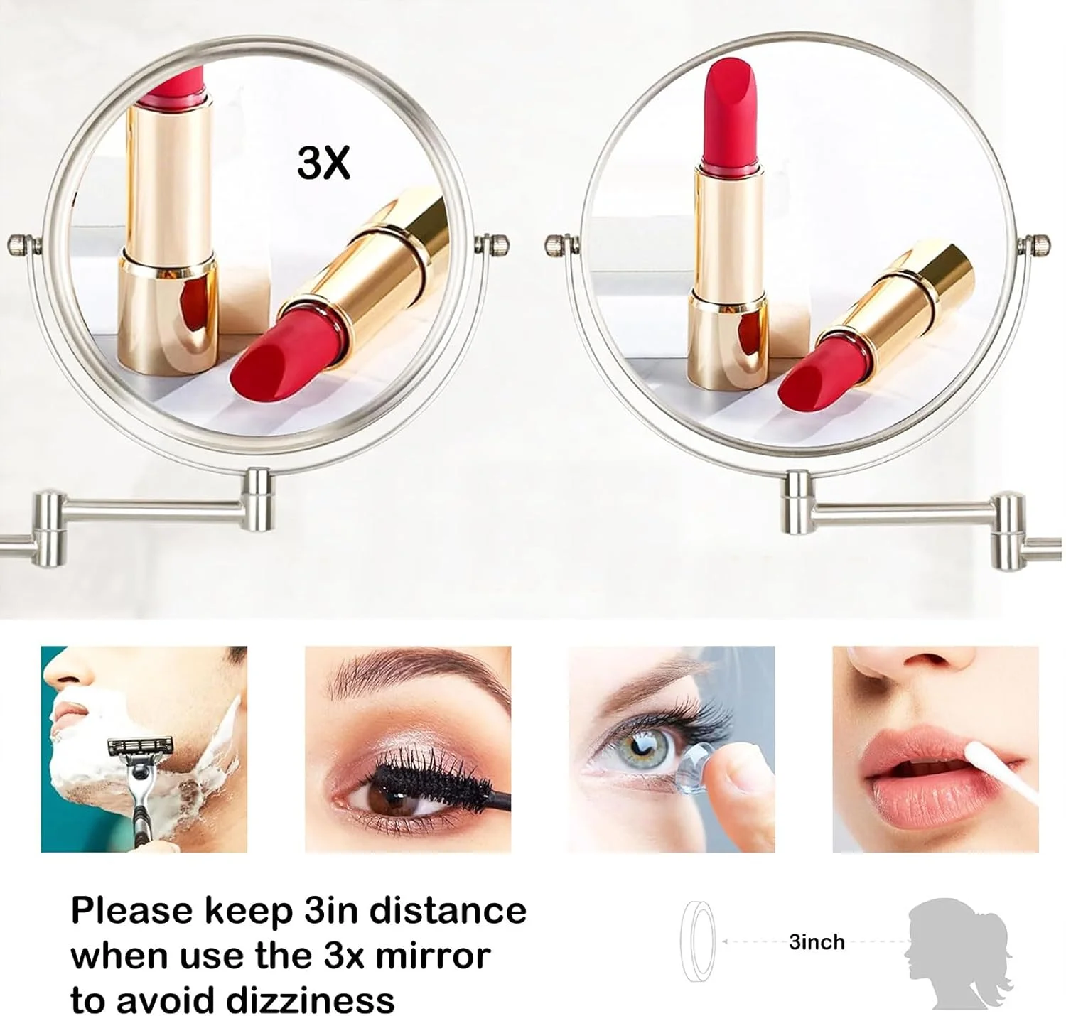 آینه آرایشی دیواری REAXOAL، آینه دو طرفه چرخان تاشو با بازوی متحرک برای حمام (کروم)