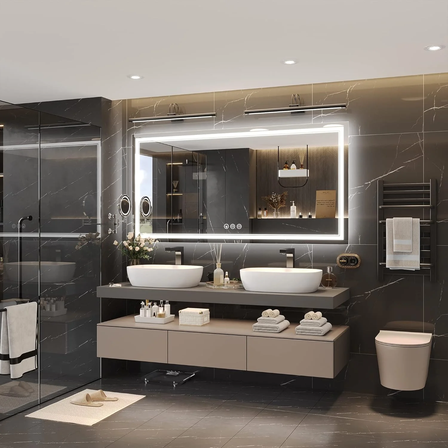 آینه ال ای دی 72x36 Ratsamee برای حمام با نور جلو و نور پس زمینه، آینه حمام دیواری ضد مه و دیمر دار با چراغ های ال ای دی، ضد آب، آینه آرایشی تزئینی