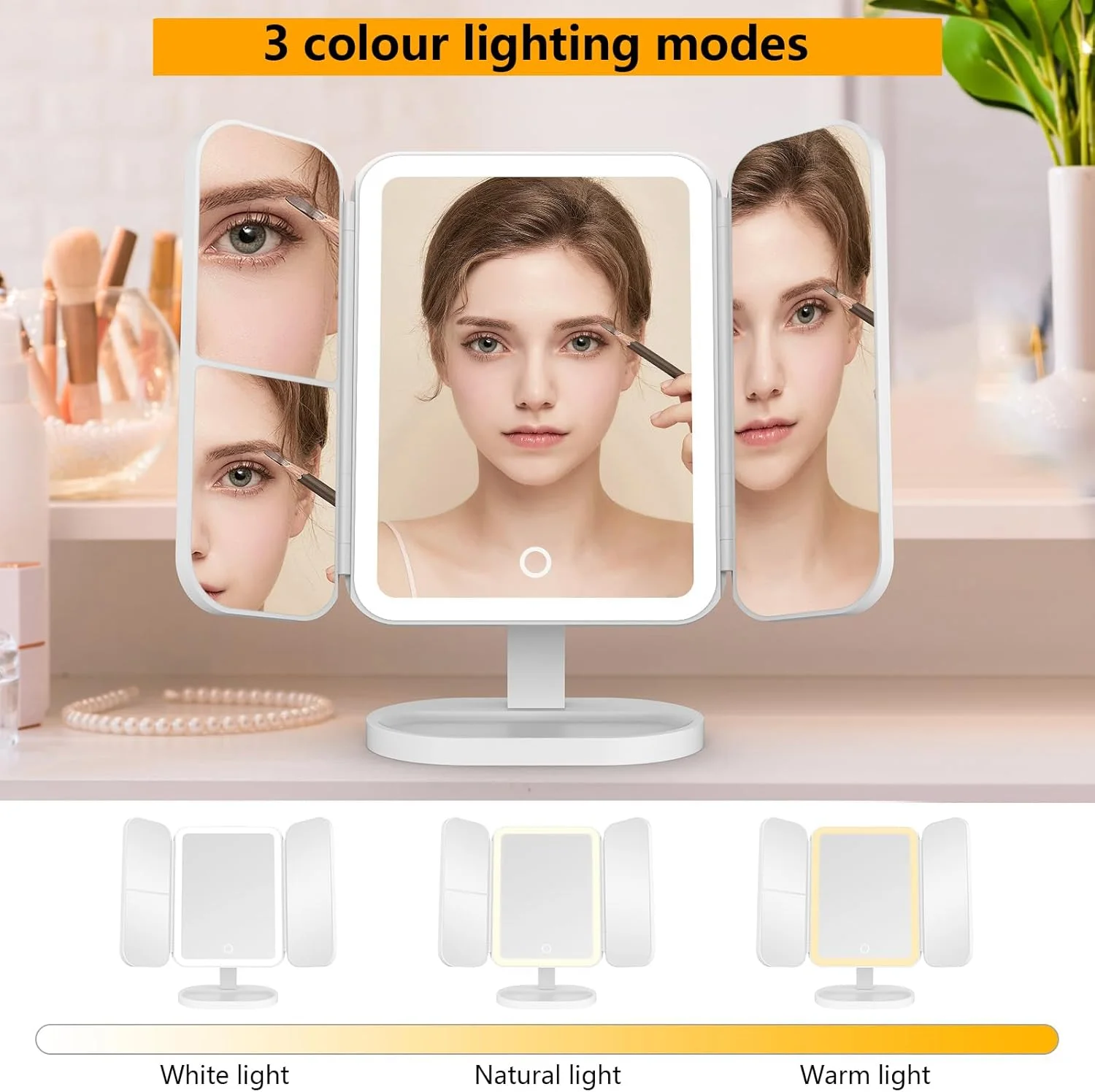 آینه آرایشی چراغ دار ABUDA، بزرگنمایی 1X/2X/3X، 3 رنگ نور، حسگر لمسی، آینه سه تایی، قابل شارژ، رومیزی آینه آرایشی چراغ دار ABUDA، بزرگنمایی 1X/2X/3X، 3 رنگ نور، حسگر لمسی، آینه سه تایی، قابل شارژ، رومیزی