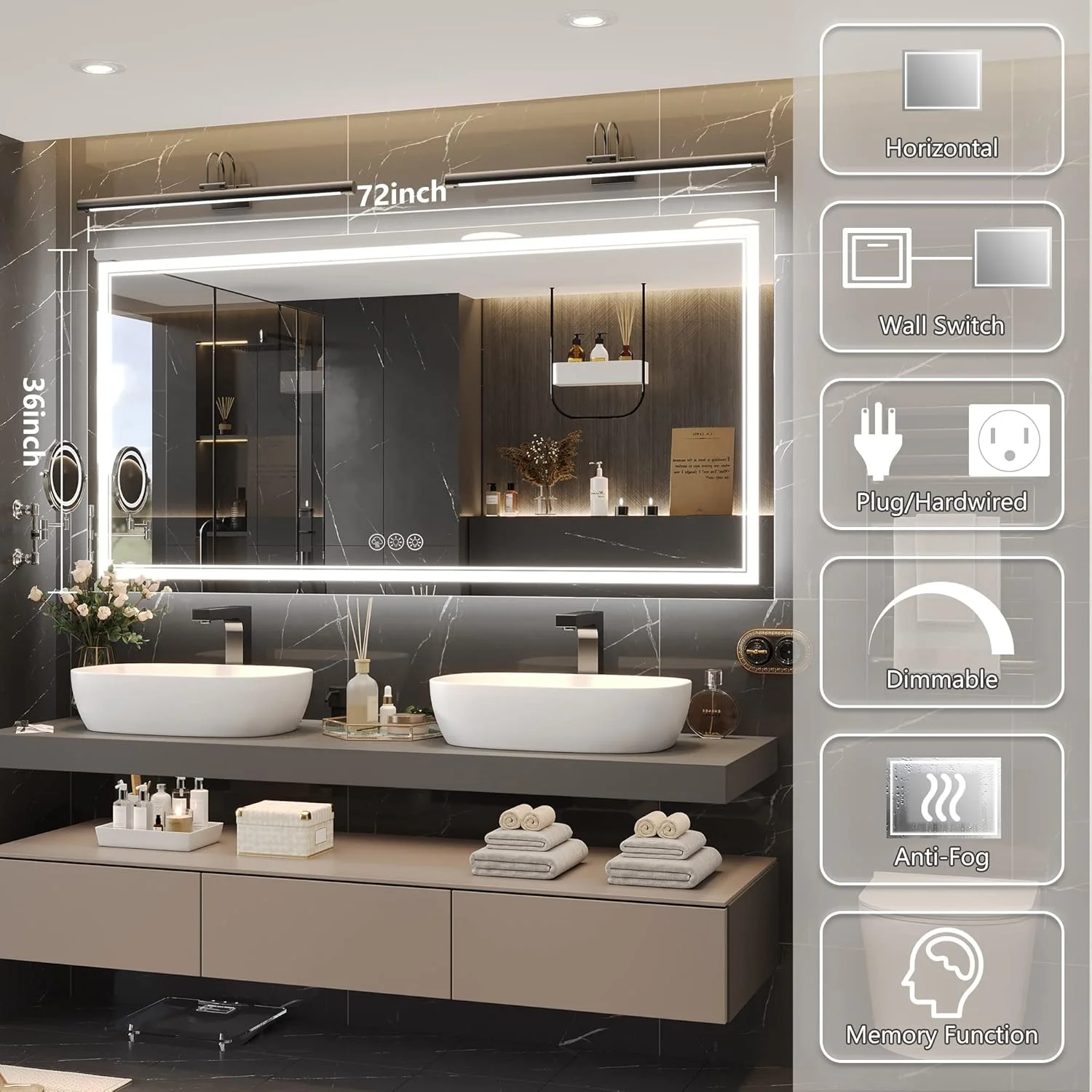 آینه ال ای دی 72x36 Ratsamee برای حمام با نور جلو و نور پس زمینه، آینه حمام دیواری ضد مه و دیمر دار با چراغ های ال ای دی، ضد آب، آینه آرایشی تزئینی