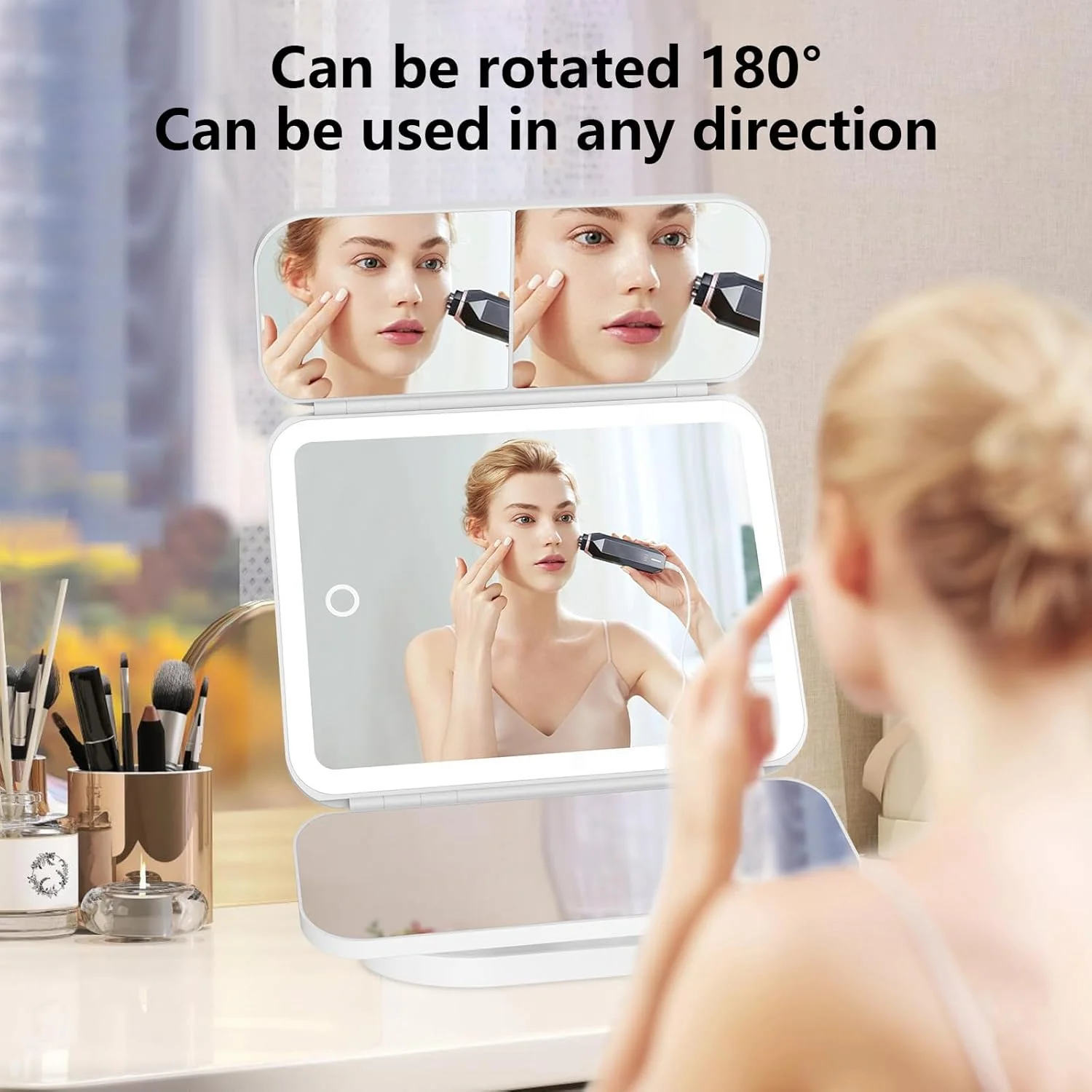 آینه آرایشی چراغ دار ABUDA، بزرگنمایی 1X/2X/3X، 3 رنگ نور، حسگر لمسی، آینه سه تایی، قابل شارژ، رومیزی آینه آرایشی چراغ دار ABUDA، بزرگنمایی 1X/2X/3X، 3 رنگ نور، حسگر لمسی، آینه سه تایی، قابل شارژ، رومیزی