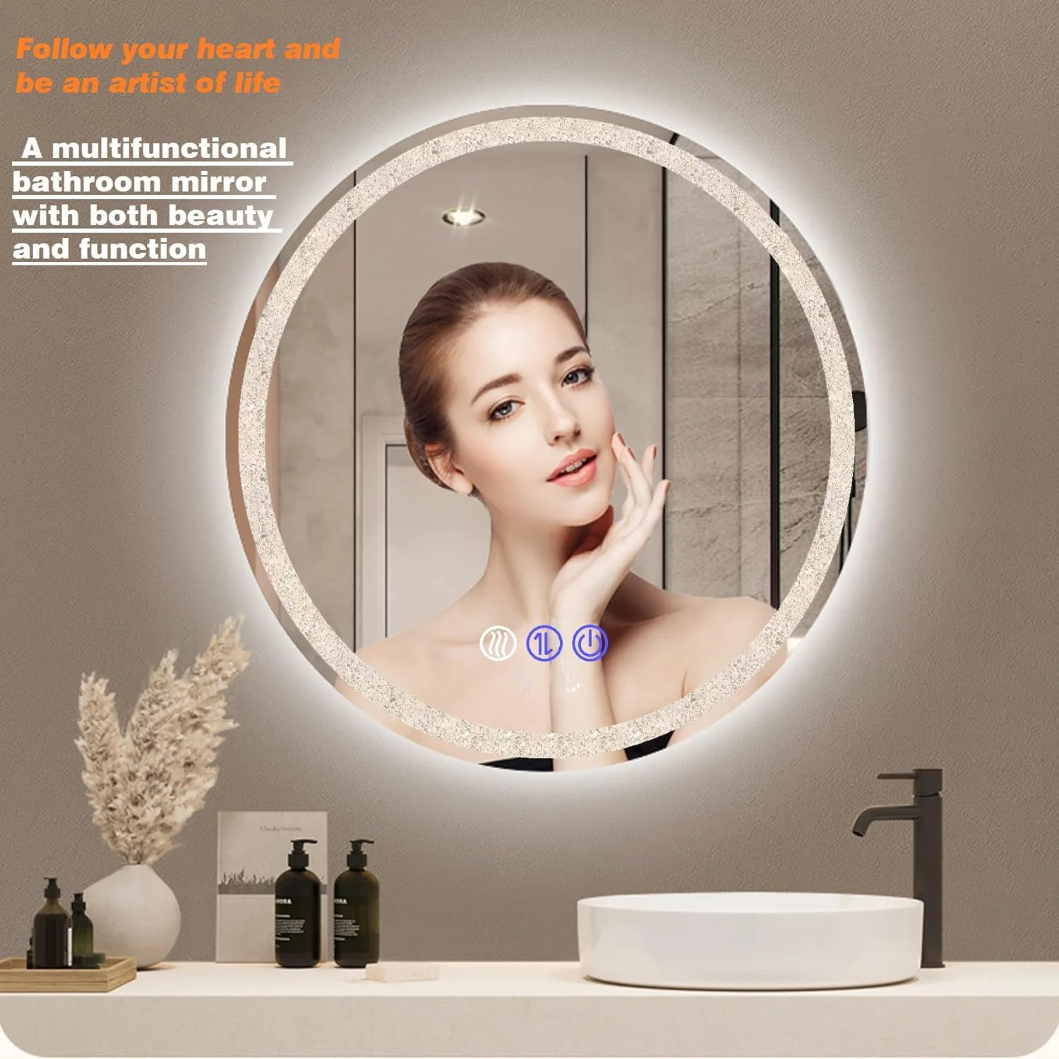 آینه گرد کریستالی LED با نور پس زمینه QYzblbang، آینه هوشمند 60 سانتی‌متری برای روشویی، 3 رنگ نور، ضد بخار، نور قابل تنظیم و ضد آب، مناسب برای اتاق خواب، هتل و آرایش