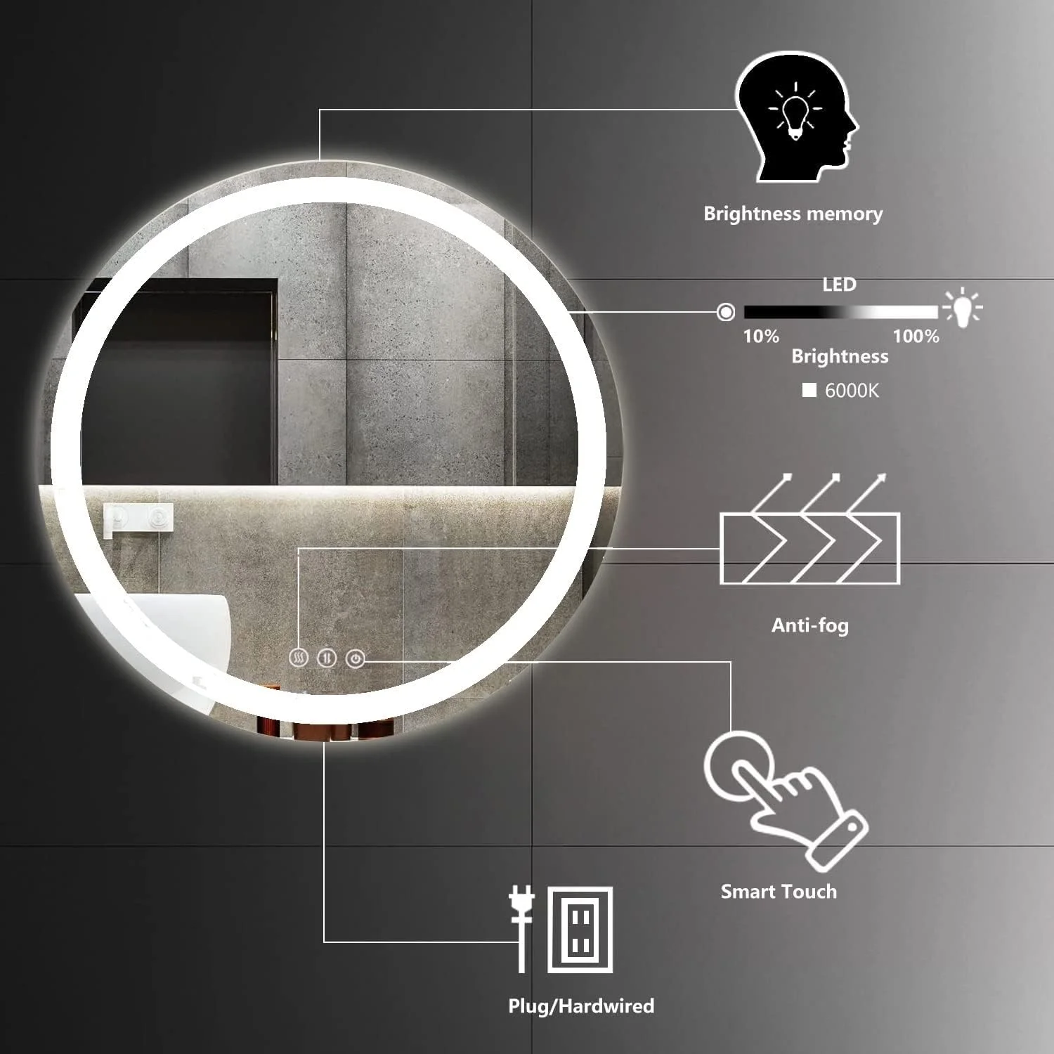 آینه گرد کریستالی LED با نور پس زمینه QYzblbang، آینه هوشمند 60 سانتی‌متری برای روشویی، 3 رنگ نور، ضد بخار، نور قابل تنظیم و ضد آب، مناسب برای اتاق خواب، هتل و آرایش