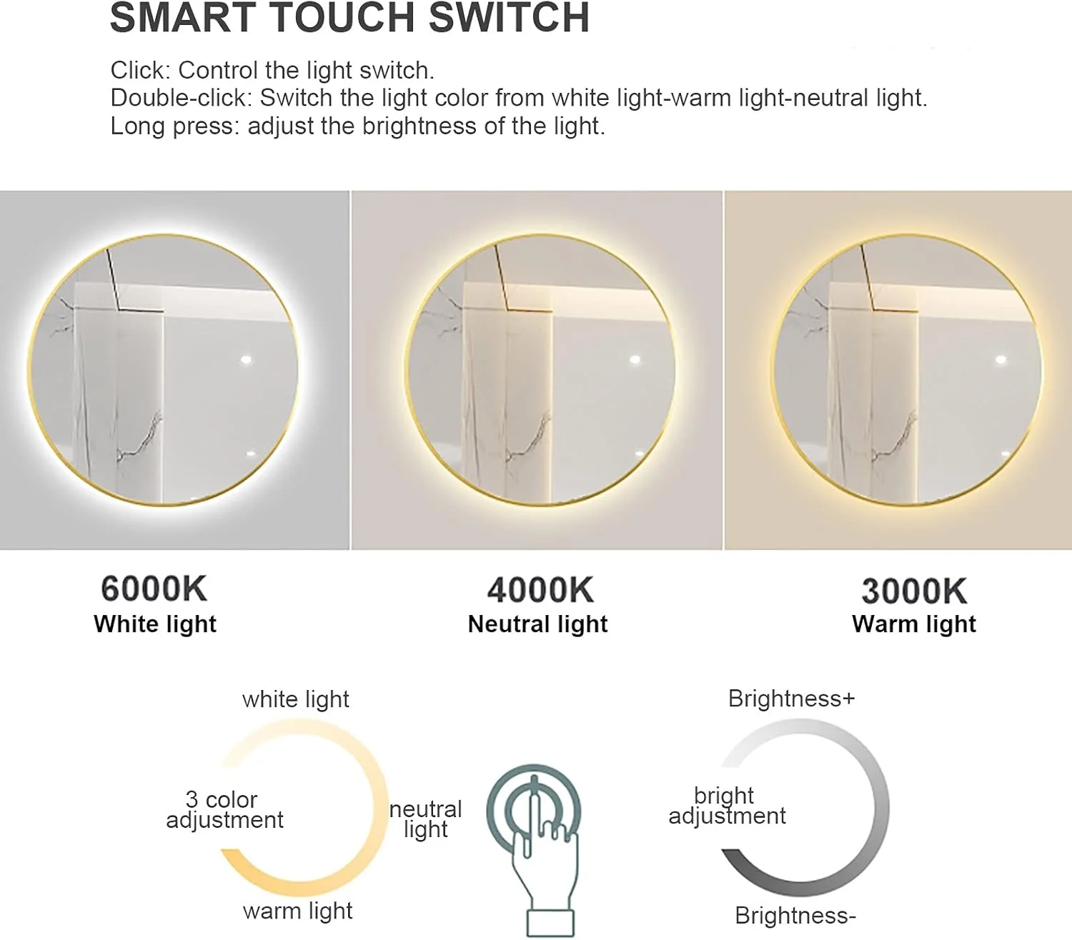 آینه حمام گرد نورانی RAFCAR با حسگر لمسی، عملکرد کم نور سه رنگ، آینه آرایشی LED با نور پس زمینه نصب شده روی دیوار با قاب آلیاژ آلومینیوم آینه حمام گرد نورانی RAFCAR با حسگر لمسی، عملکرد کم نور سه رنگ، آینه آرایشی LED با نور پس زمینه نصب شده روی دیوار با قاب آلیاژ آلومینیوم