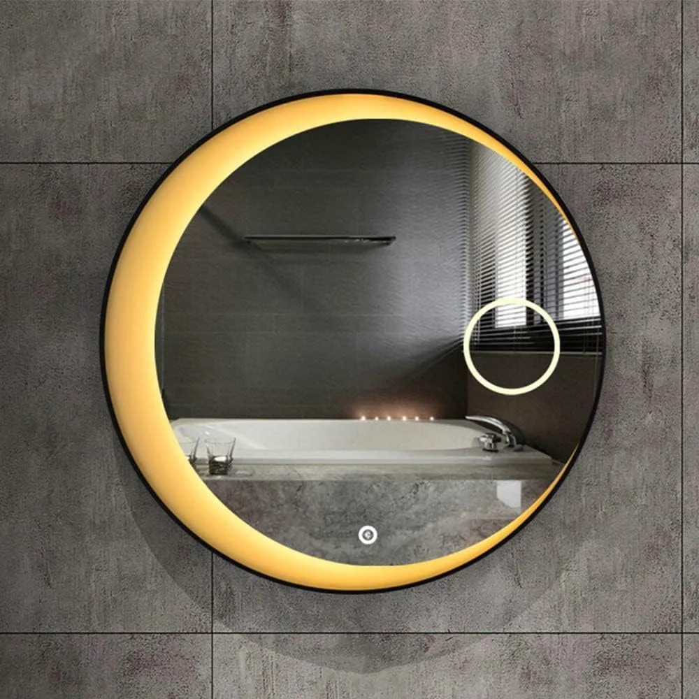 آینه چراغ دار LED هلالی شکل QIVGXBO، آینه روشویی دیواری حمام | قطر 800 میلی متر | دارای کلید لمسی تکی و آینه بزرگنمایی 5 برابر، نور سفید/نور گرم - قاب مشکی/طلایی Leunlee