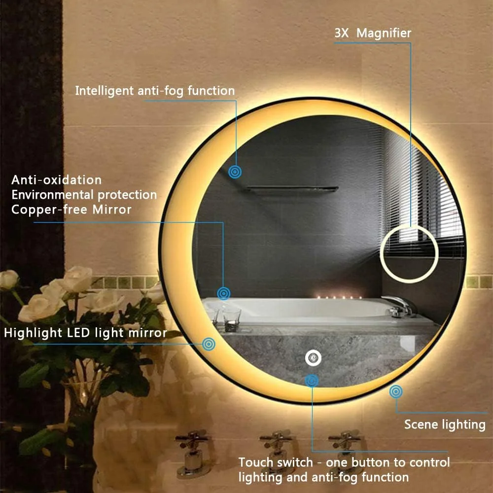 آینه چراغ دار LED هلالی شکل QIVGXBO، آینه روشویی دیواری حمام | قطر 800 میلی متر | دارای کلید لمسی تکی و آینه بزرگنمایی 5 برابر، نور سفید/نور گرم - قاب مشکی/طلایی Leunlee آینه چراغ دار LED هلالی شکل QIVGXBO، آینه روشویی دیواری حمام | قطر 800 میلی متر | دارای کلید لمسی تکی و آینه بزرگنمایی 5 برابر، نور سفید/نور گرم - قاب مشکی/طلایی Leunlee