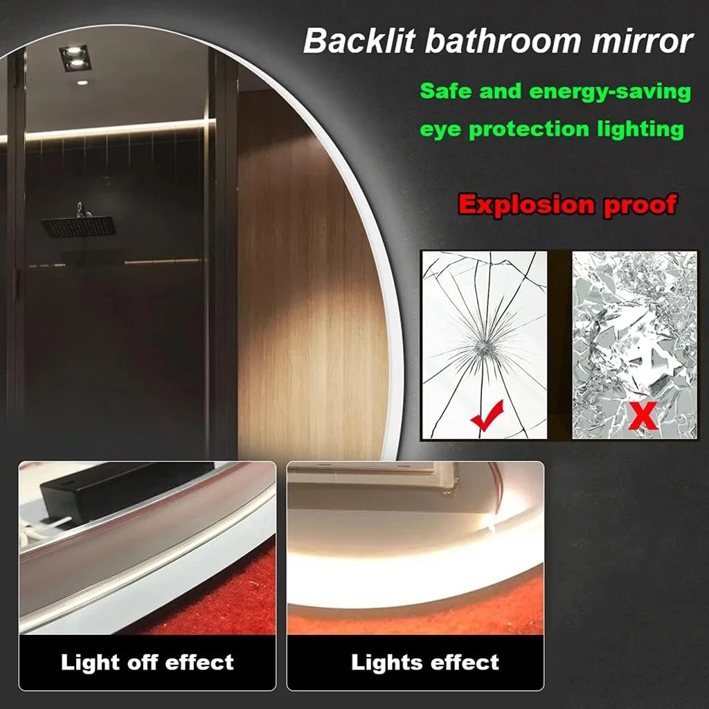 آینه گرد بدون قاب QIVGXBO برای حمام، آینه آرایشی LED با نور پس زمینه، دارای پد ضد بخار، آینه بزرگ دیواری با نور پس زمینه Leunlee