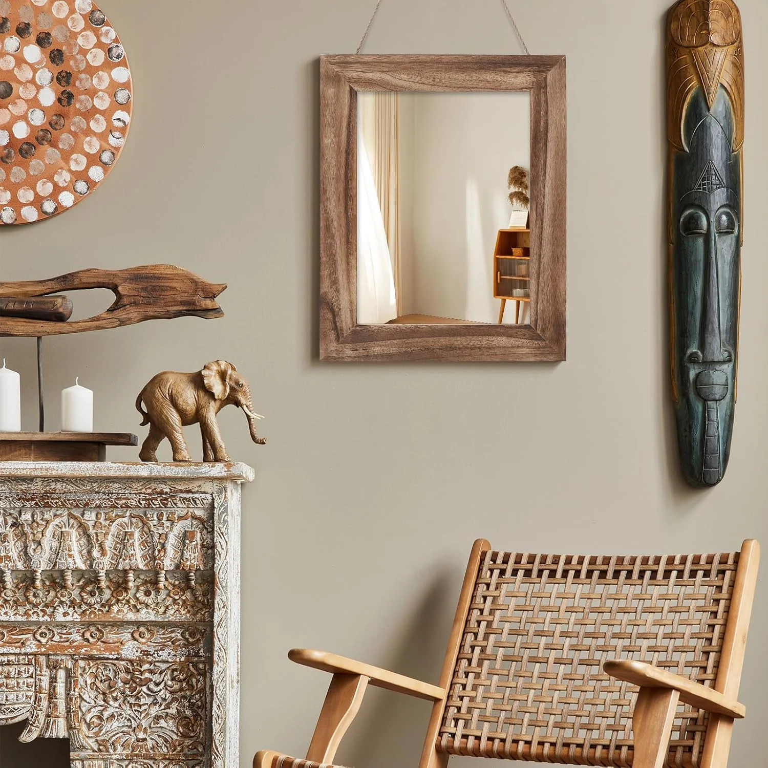 آینه دیواری QDSSDECO با ابعاد 40x50 سانتی متر، دکوراسیون خانه روستایی، آینه مستطیلی آویز برای حمام، روشویی، اتاق خواب، ورودی، اتاق نشیمن، قهوه ای