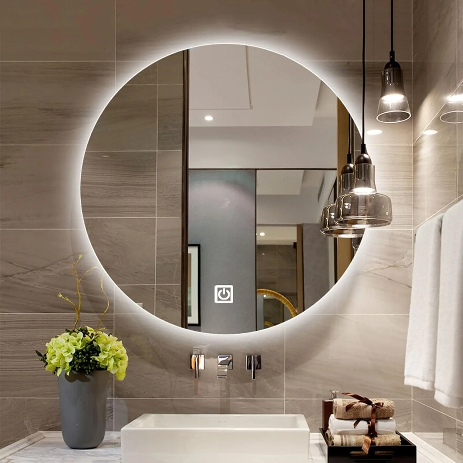 آینه حمام LED با نور پس زمینه QIVGXBO، کلید لمسی + ضد بخار، آینه دیواری آرایشی روشن Leunlee