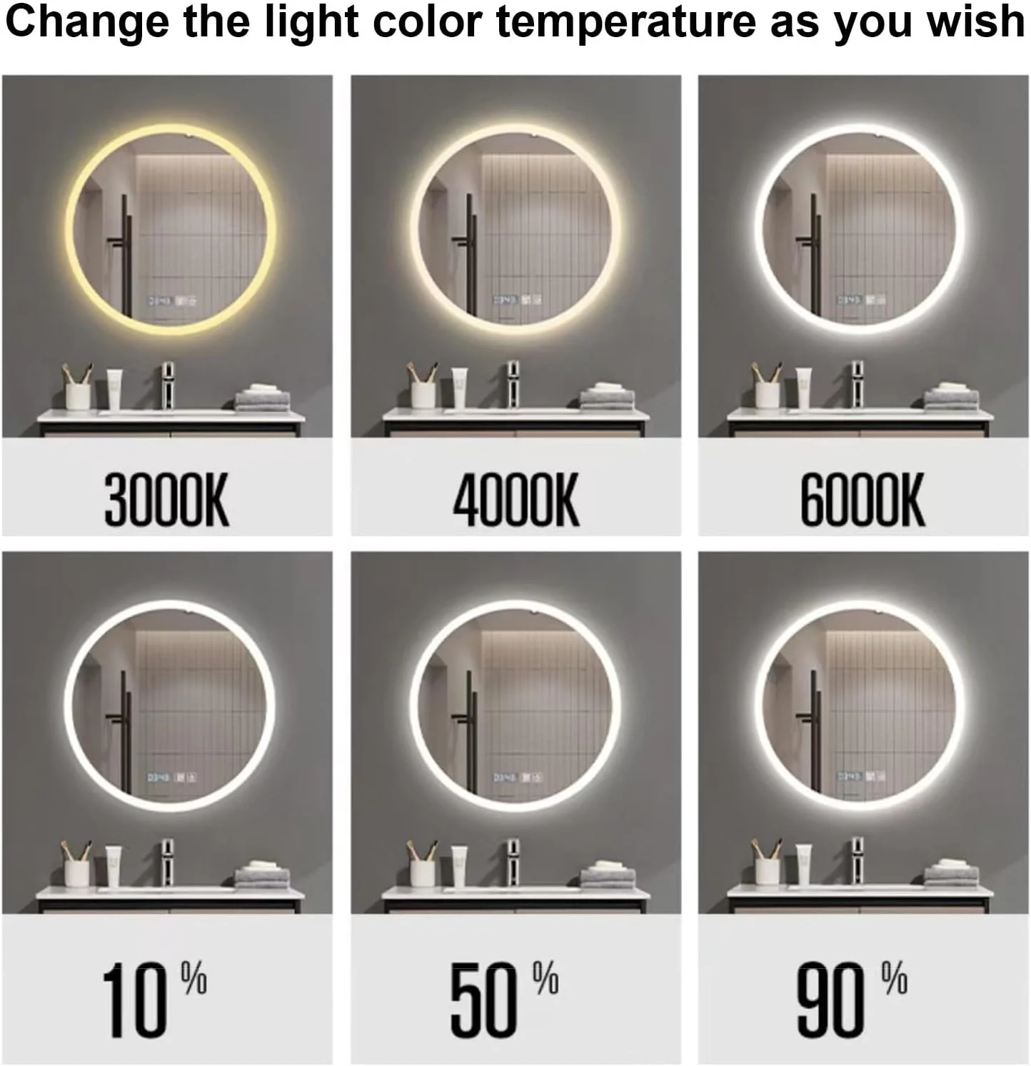 QDDVGTGDS Bathroom Mirror mirror Round Wall Mirror LED Illuminated Decorative Mirror Anti-fog Bathroom Mirrors Tri-color Light Adjustable Makeup Mirror Dual Touch Switch HD Silver