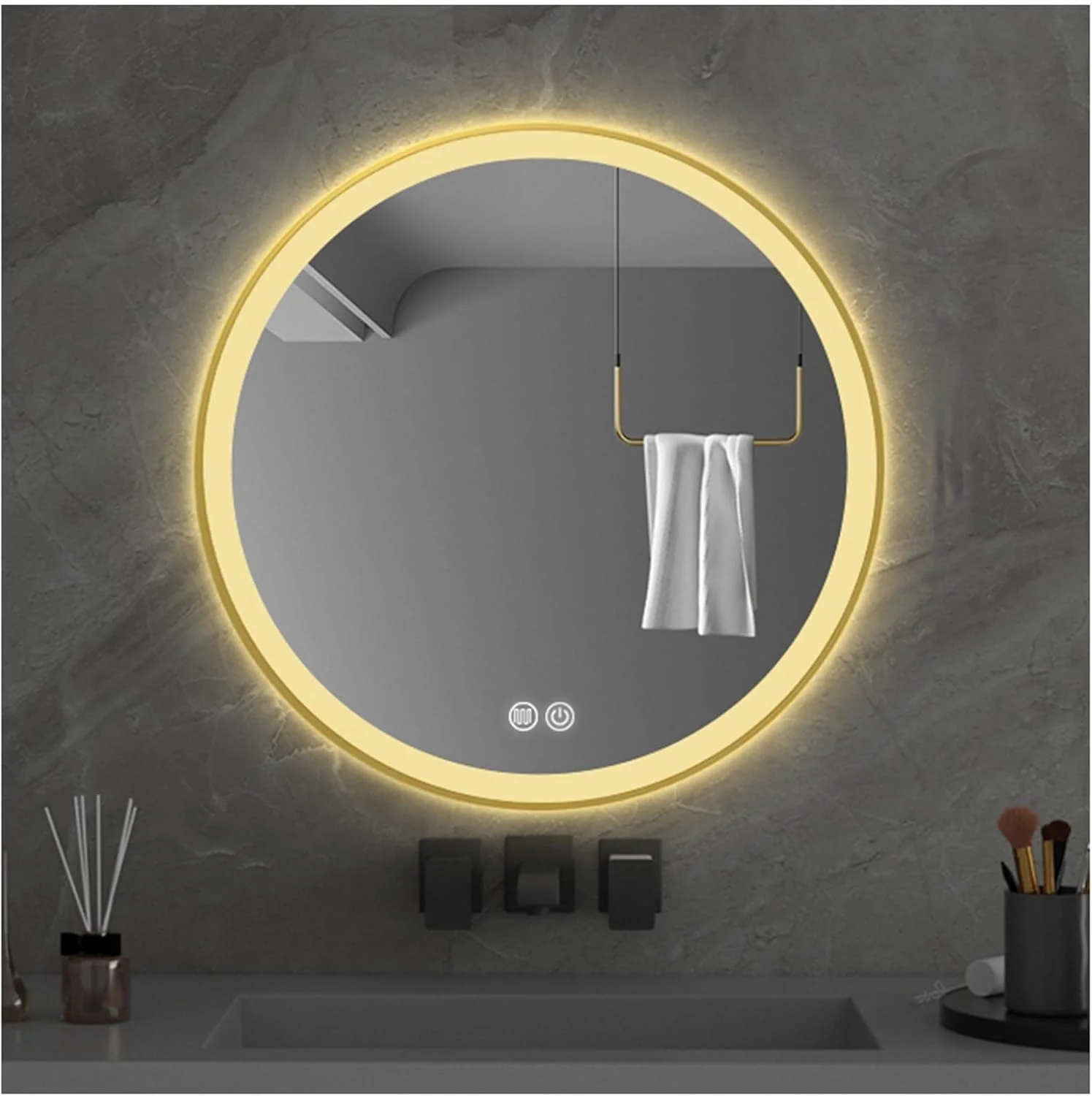 QDDVGTGDS Bathroom Mirror mirror Smartbathroom Mirrors Wall Mounted LED Round Mirror Aluminum Alloy Frame Decorative Mirror Dual Touch Three Light Color Makeup Mirror Anti-fog HD