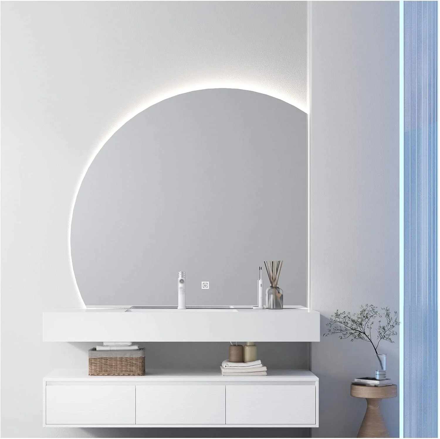 آینه حمام LED نیم دایره ای QDDVGTGDS، آینه هوشمند دیواری، آینه روشویی حمام با نور، آینه نقره ای HD 5 میلی متری ضد انفجار، نور سفید 70/80