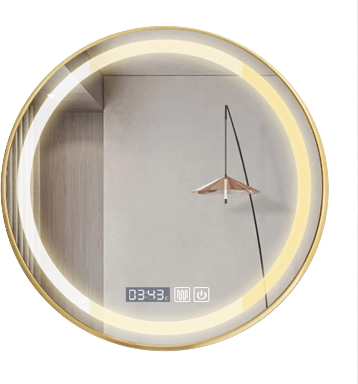 آینه حمام QDDVGTGDS با قاب، آینه دیواری 500x500mm گرد بدون سوراخ، آینه روشویی دیواری با قاب طلایی و نور با کنترل لمسی