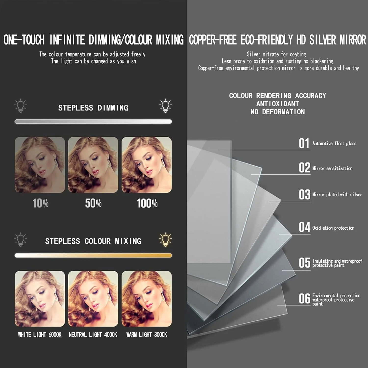 آینه حمام QDDVGTGDS با قاب، آینه دیواری 500x500mm گرد بدون سوراخ، آینه روشویی دیواری با قاب طلایی و نور با کنترل لمسی