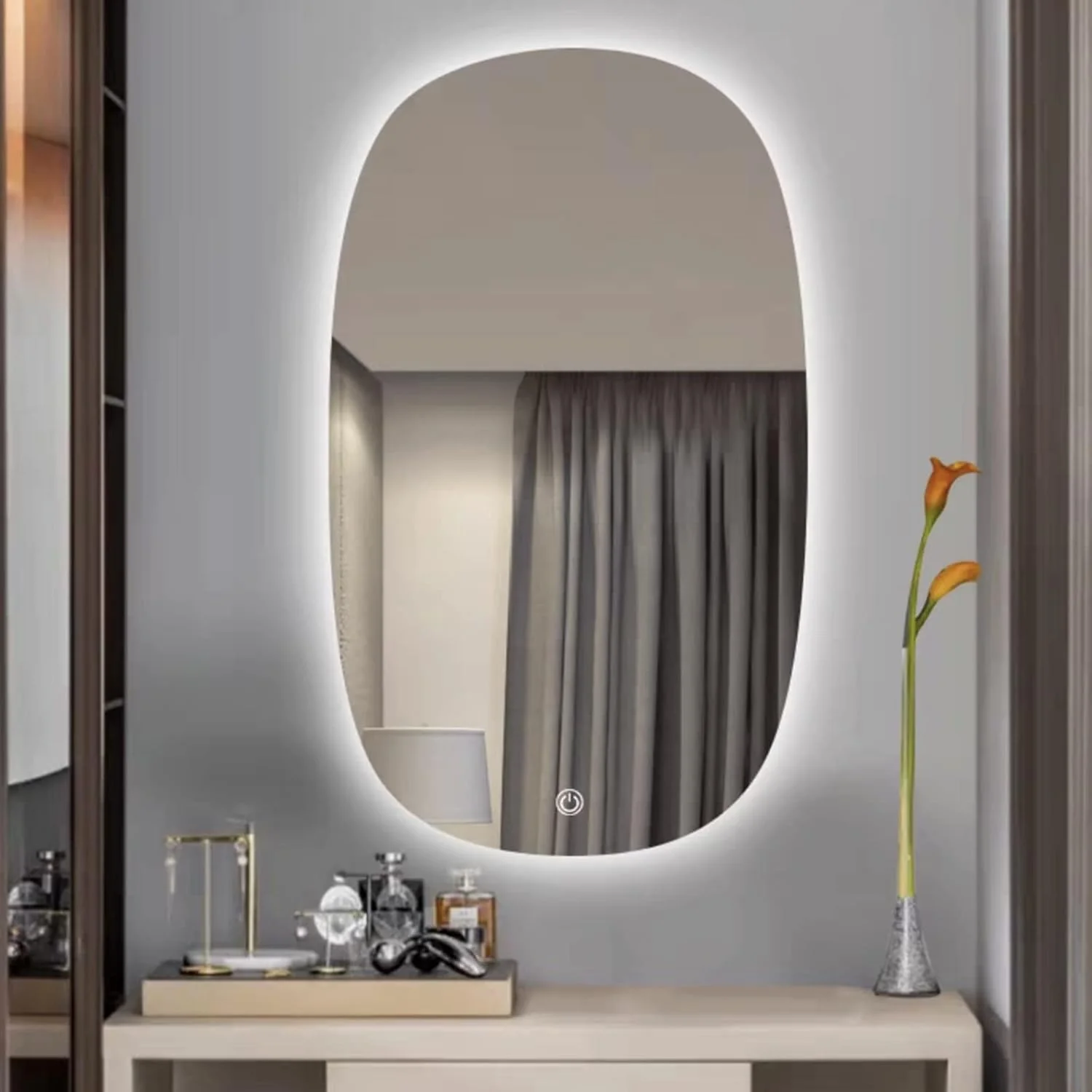 آینه دیواری قاب دار QDDVGTGDS برای حمام، آینه بی قاب بیضی شکل 50x80 سانتی متر، آینه بزرگ LED برای حمام، آینه آرایش، آینه تزئینی دیواری با کلید حسگر لمسی