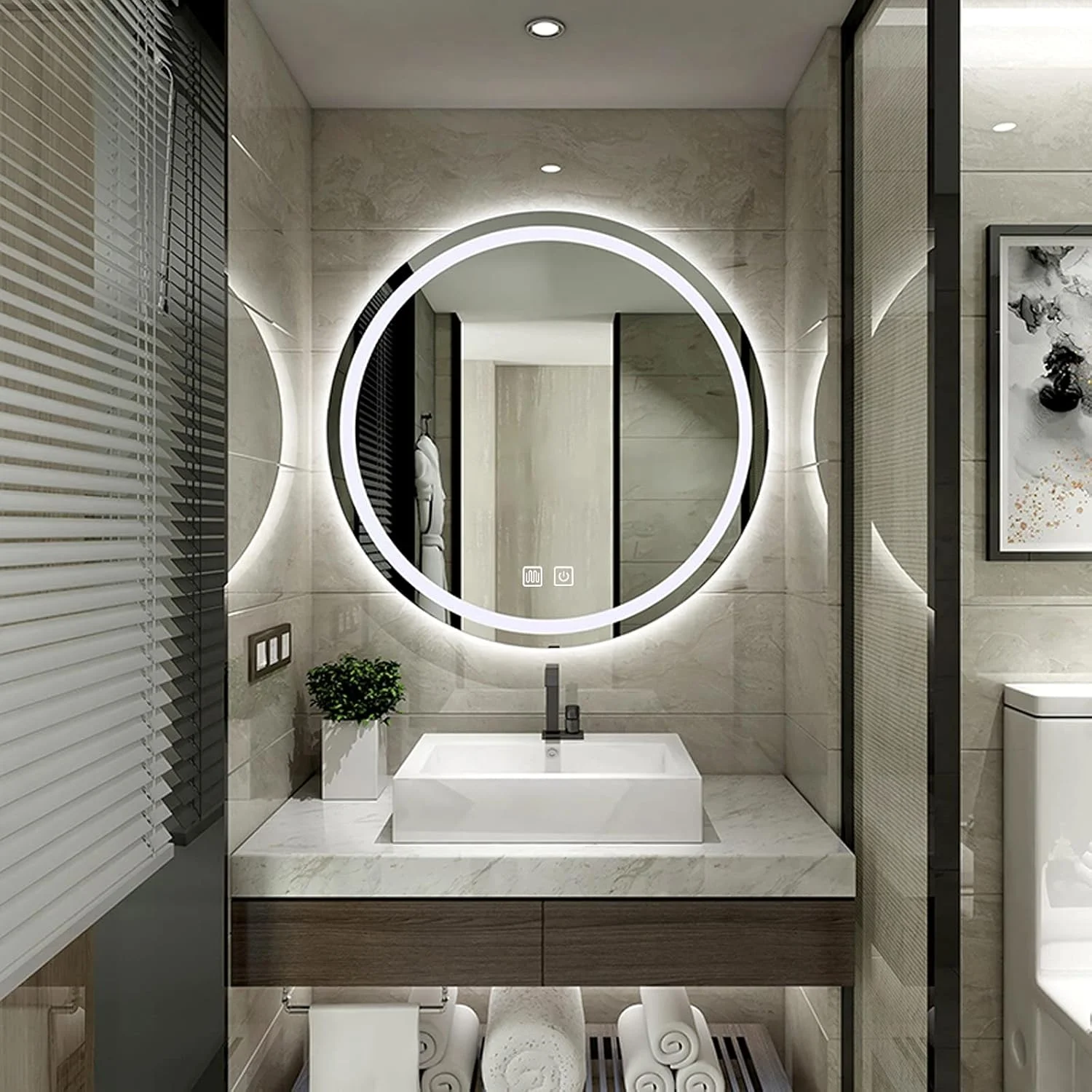 آینه حمام QDDVGTGDS گرد LED، آینه روشویی چند منظوره دیواری، بدون قاب، ضد بخار، دیمر دار، حسگر لمسی، 3 حالت نورپردازی رنگی، W، 60 سانتی متر