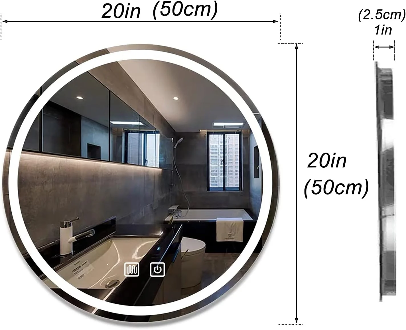 آینه حمام QDDVGTGDS گرد LED، آینه روشویی چند منظوره دیواری، بدون قاب، ضد بخار، دیمر دار، حسگر لمسی، 3 حالت نورپردازی رنگی، W، 60 سانتی متر