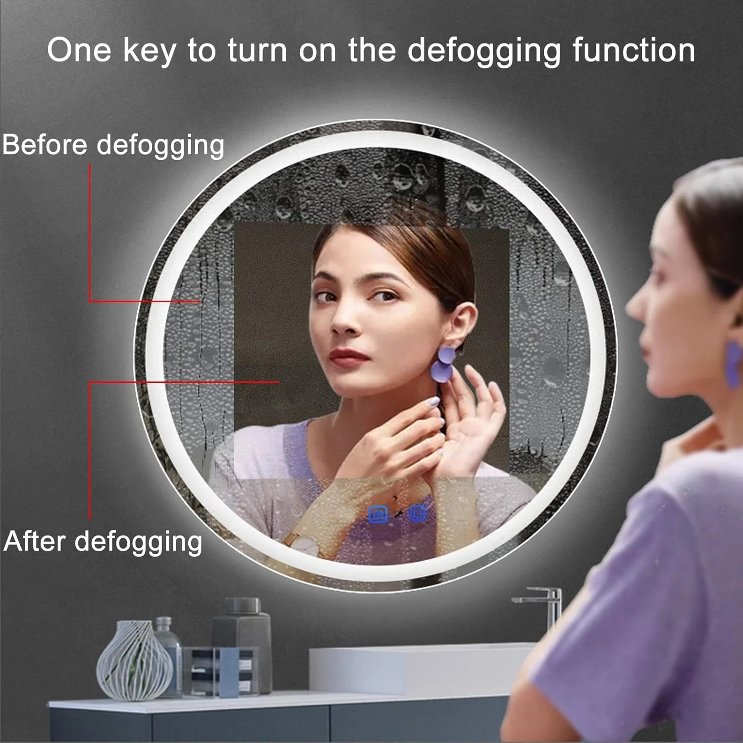 آینه حمام QDDVGTGDS گرد LED، آینه روشویی چند منظوره دیواری، بدون قاب، ضد بخار، دیمر دار، حسگر لمسی، 3 حالت نورپردازی رنگی، W، 60 سانتی متر