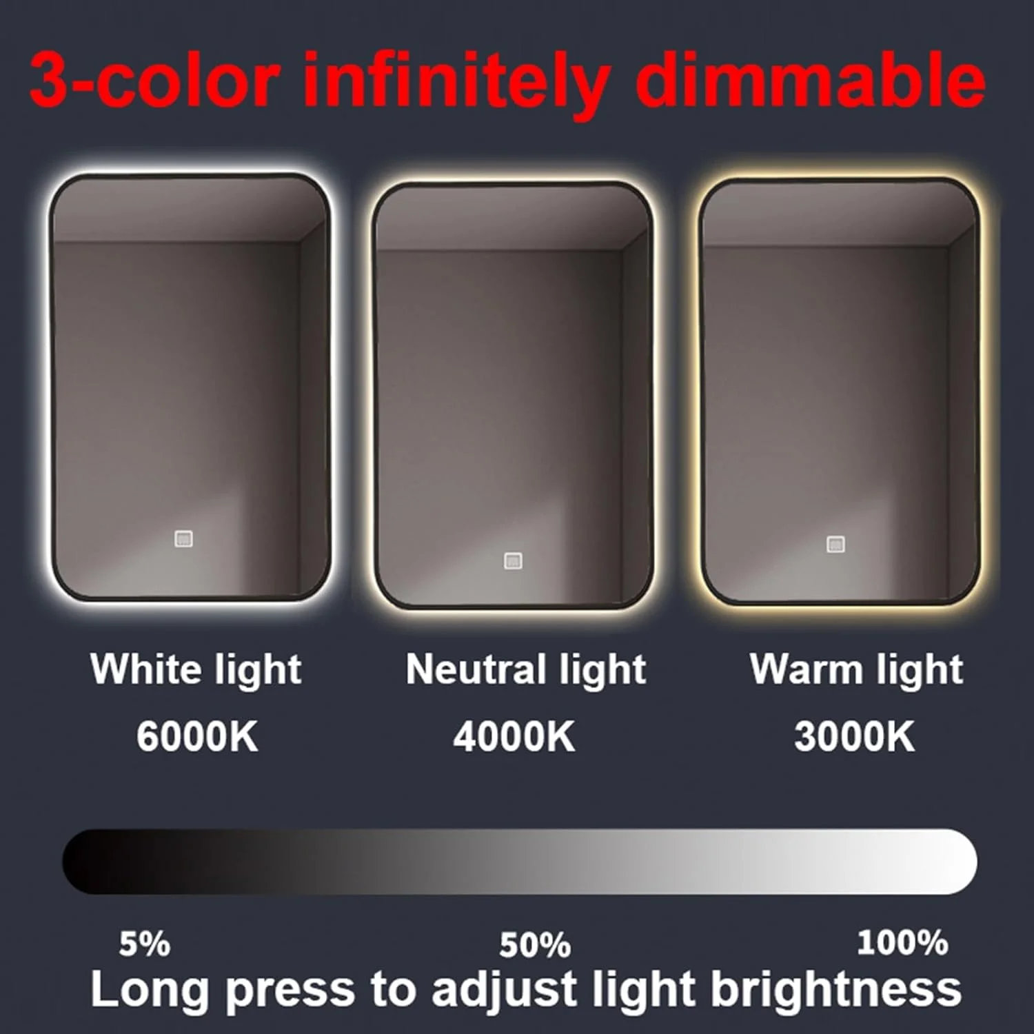 آینه دیواری قاب دار حمام QDDVGTGDS، آینه حمام LED با قاب فلزی، آینه دیواری تزئینی مستطیلی، آینه آرایش با قاب آلیاژ آلومینیوم مشکی، سه رنگ نور