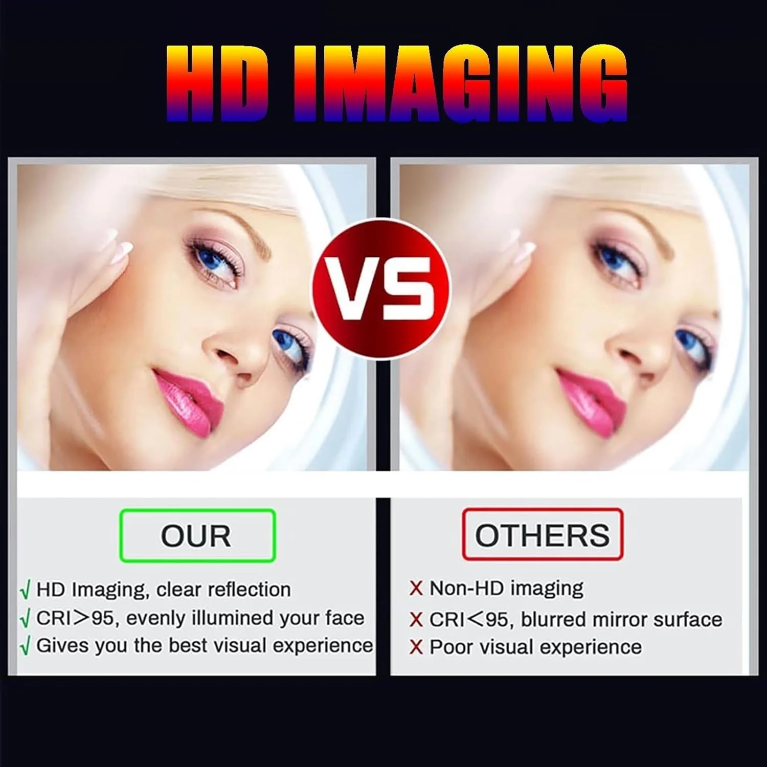 آینه دیواری قاب دار حمام QDDVGTGDS، آینه حمام LED با قاب فلزی، آینه دیواری تزئینی مستطیلی، آینه آرایش با قاب آلیاژ آلومینیوم مشکی، سه رنگ نور