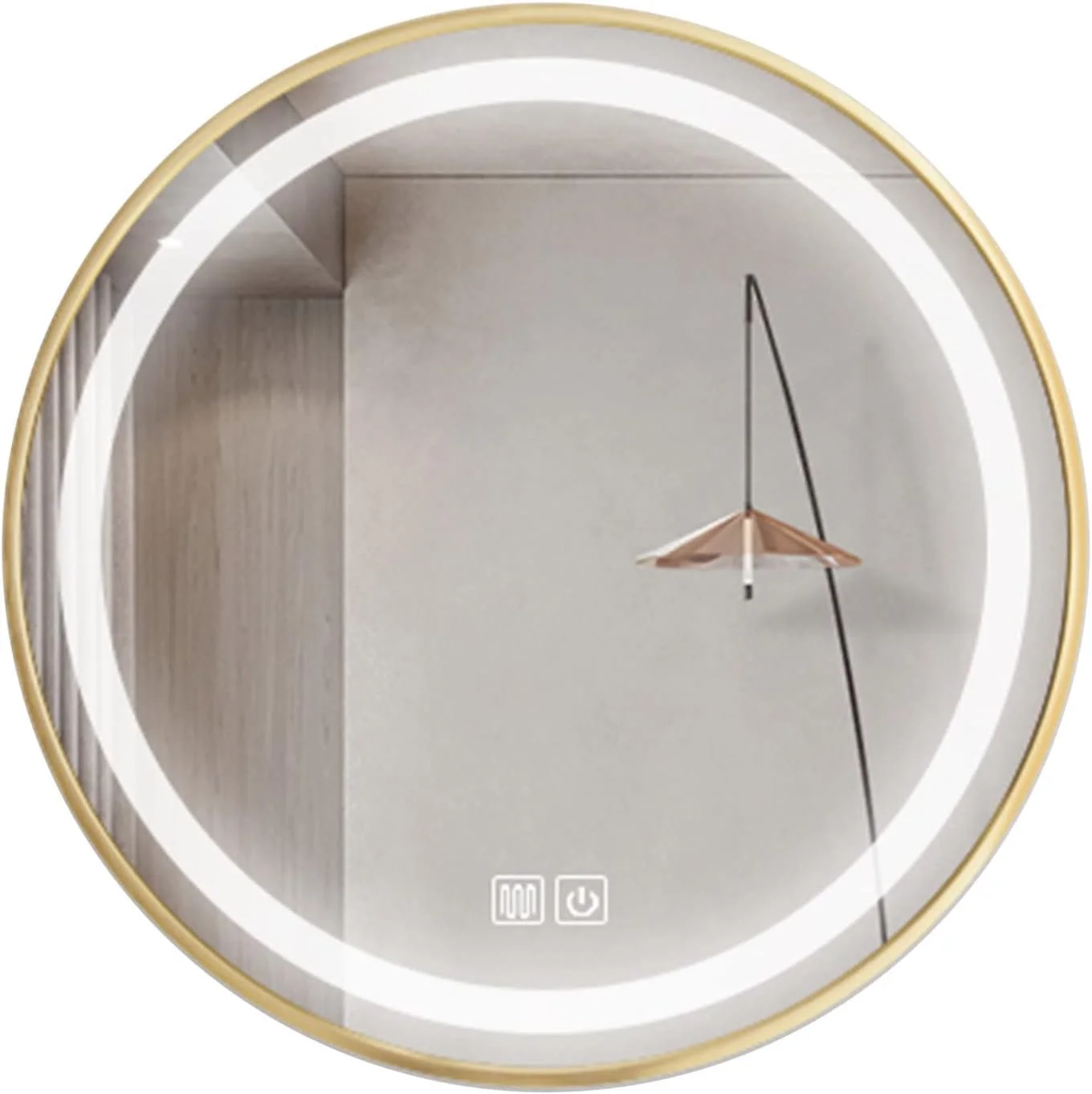 آینه دیواری قاب دار حمام QDDVGTGDS، آینه گرد LED بدون سوراخ کاری 500x500 میلی متر، قاب طلایی با آینه روشویی دیواری دارای نور با کنترل لمسی آینه دیواری قاب دار حمام QDDVGTGDS، آینه گرد LED بدون سوراخ کاری 500x500 میلی متر، قاب طلایی با آینه روشویی دیواری دارای نور با کنترل لمسی