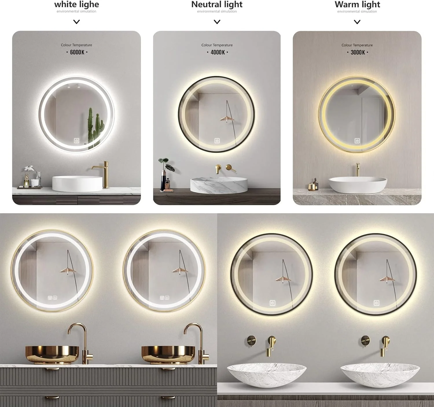 آینه حمام QDDVGTGDS با قاب، آینه دیواری 500x500 میلی متر، آینه حمام گرد LED بدون سوراخ، قاب طلایی با آینه روشویی دیواری دارای کنترل لمسی