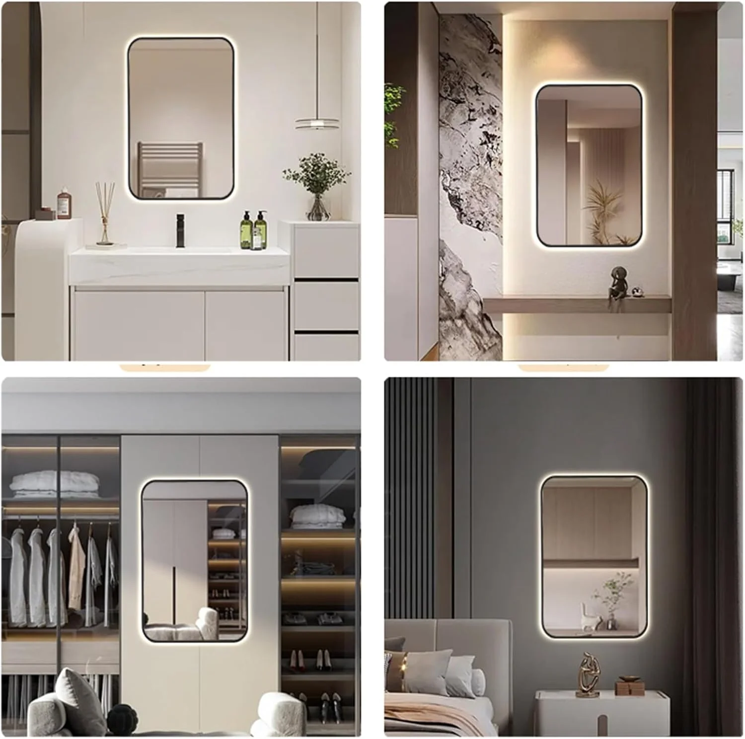 آینه دیواری قاب دار حمام QDDVGTGDS، آینه حمام LED با قاب فلزی، آینه دیواری تزئینی مستطیلی، آینه آرایش با قاب آلیاژ آلومینیوم مشکی، سه رنگ نور