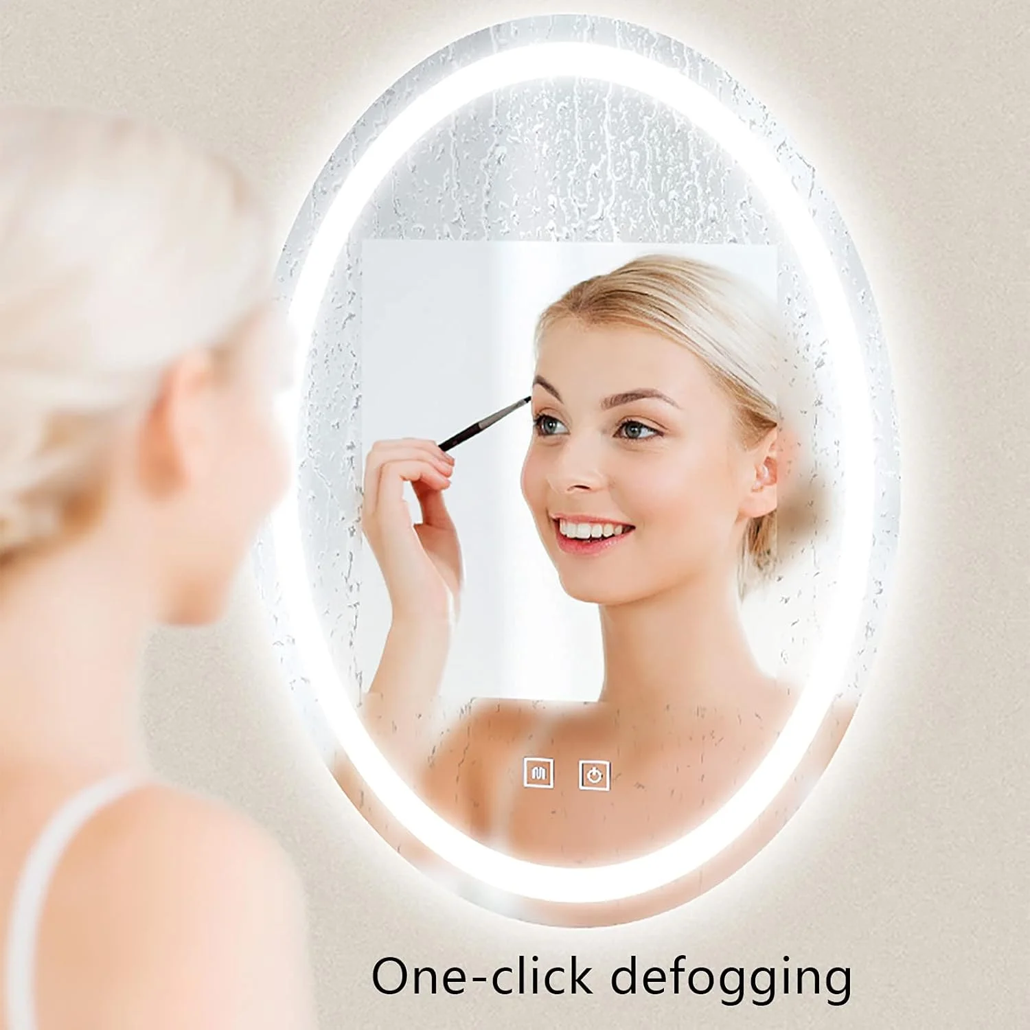 آینه دیواری بیضی شکل QDDVGTGDS برای حمام، آینه LED حمام، آینه حمام با نورپردازی، دارای کلید لمسی و ضد بخار، آینه کم مصرف - رنگ سفید قابل انتخاب