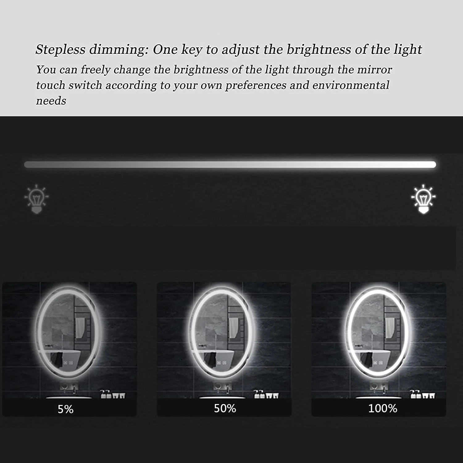 آینه دیواری بیضی شکل QDDVGTGDS برای حمام، آینه LED حمام، آینه حمام با نورپردازی، دارای کلید لمسی و ضد بخار، آینه کم مصرف - رنگ سفید قابل انتخاب