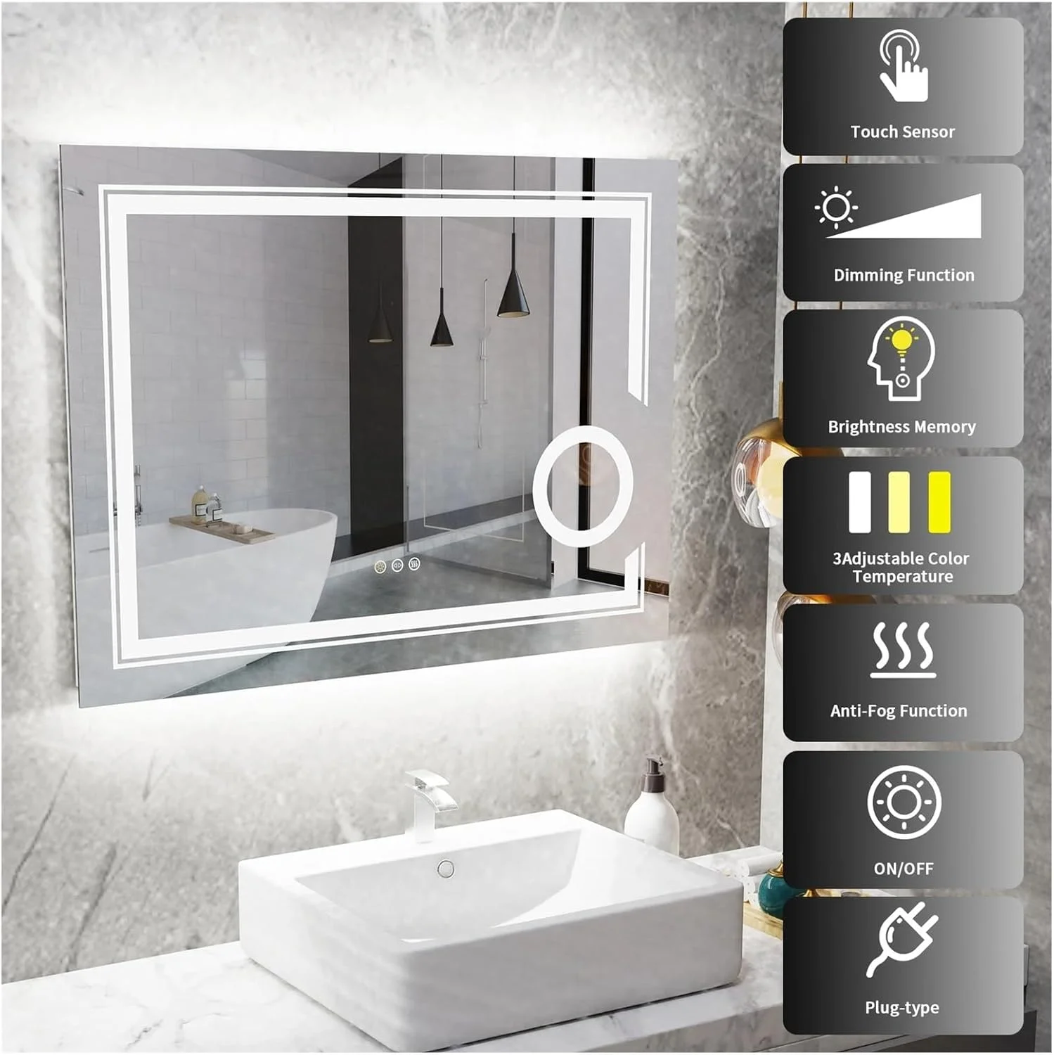 آینه حمام هوشمند QDDVGTGDS با نور LED، آینه بزرگنمایی 3 برابری، نصب دیواری، نور سفید پس زمینه دار، ضد مه، افقی، آینه دیواری قاب دار آینه حمام هوشمند QDDVGTGDS با نور LED، آینه بزرگنمایی 3 برابری، نصب دیواری، نور سفید پس زمینه دار، ضد مه، افقی، آینه دیواری قاب دار